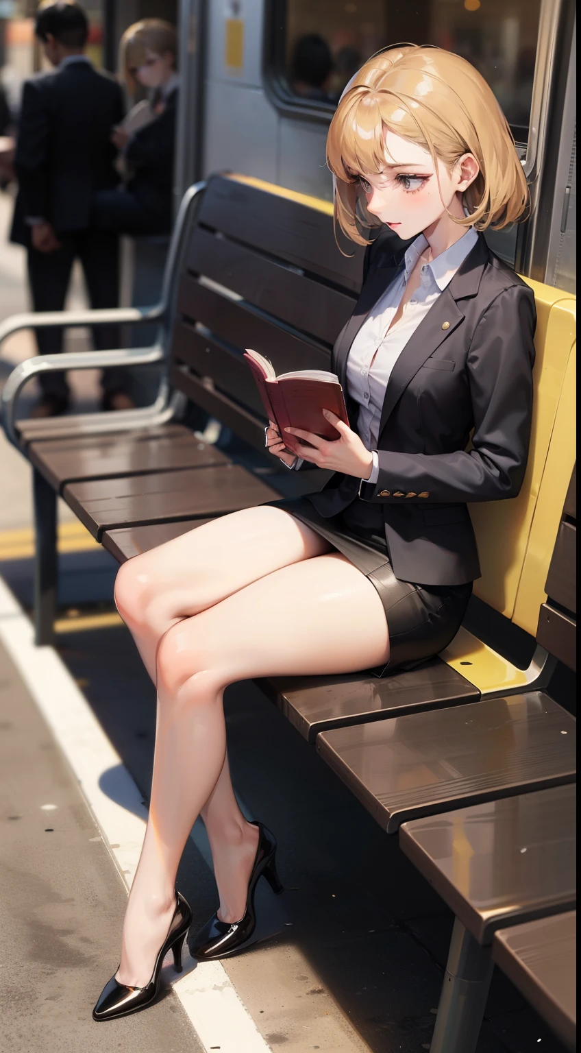 A lovely 35-year-old woman in a business suit and tight skirt is sitting on a horizontal wooden bench at the train station and reading a book. Spread her legs a little and look at her inner thighs from the front.