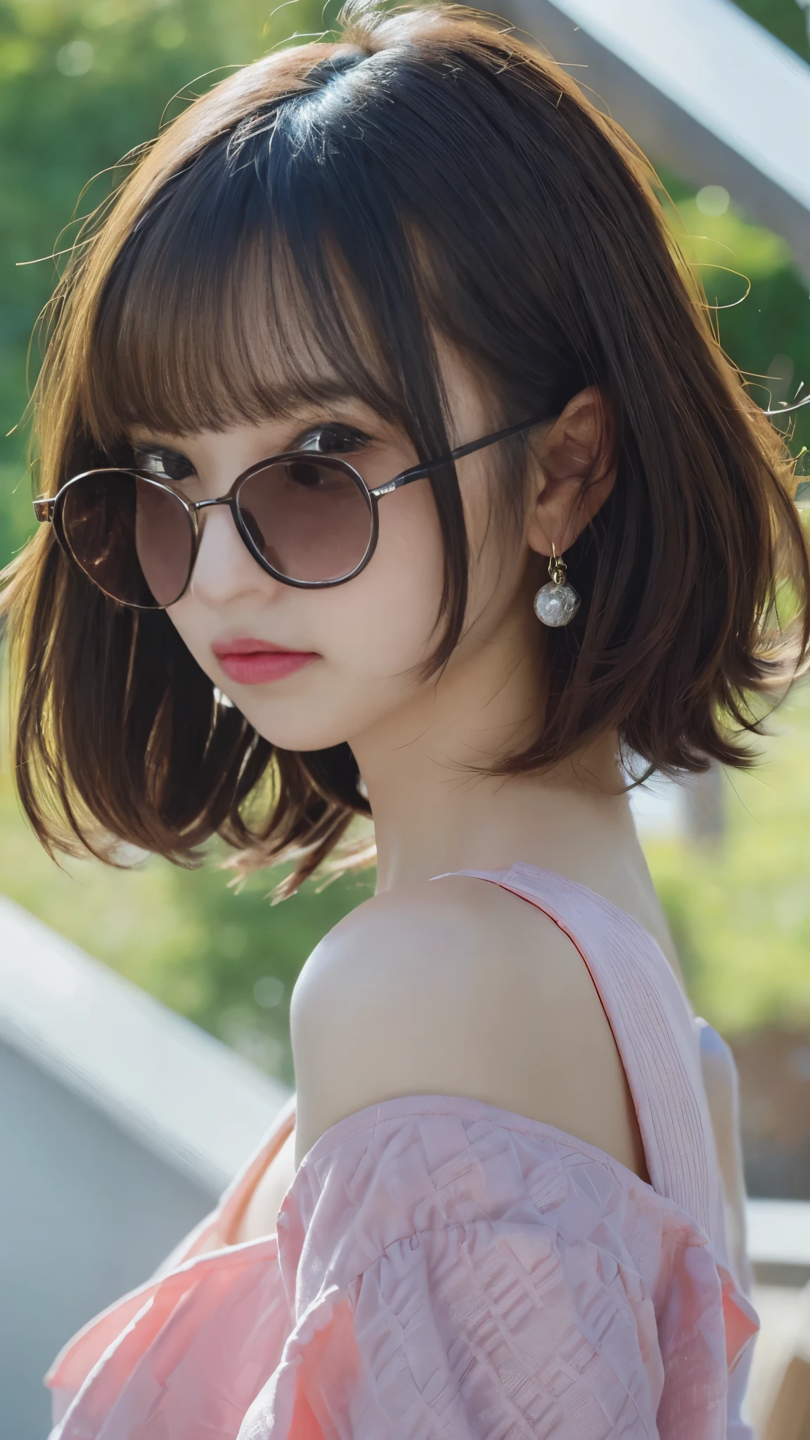 table top, highest quality, figure, super detailed, finely, High resolution, 8k wallpaper, 完璧なダイナミックな構figure, beautiful and fine eyes, woman's fashion fluffy winter clothes,Wearing sunglasses,medium hair,small breasts natural color lip, bold sexy pose、20 year old girl、cute、sexy shot looking at camera,RAW photo,anatomically correct body,blur the background,perfect and beautiful face,KPOP idol face,Slim face and body