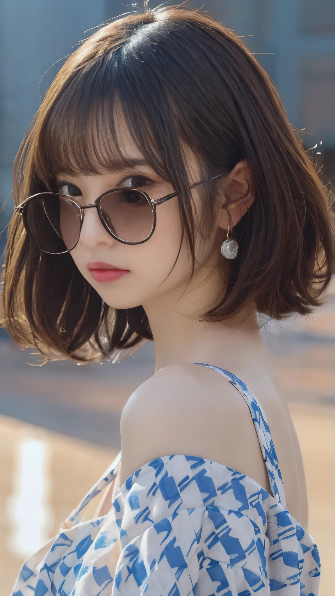 best quality, 1 Girl, dark blue hair, black eyes, Very short hair, Spiky hair, Sweet girl clothes,  Wearing black sunglasses, 171 cm, Messy hair, Hair between the eyes, Medium breas, Tomboy, aldult, 20 years old, 1 Girl with yatch luxury at the sea