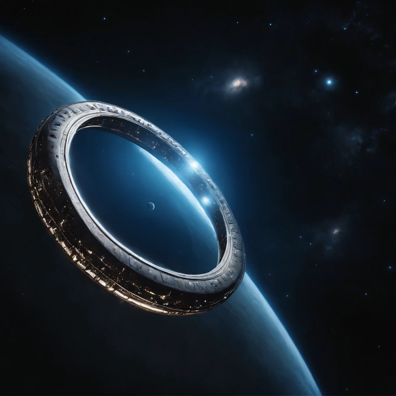 (((deep outer space))), super detailed image of the giant stargate ring (in the deep space):1.5, (the entire space inside this stargate is filled with streams of blue light flowing from the ring to the center of the space inside this ring):1.4, (a flying saucer opposite this stargate is preparing to pass through it):1.3, Milky Way, space, stars, (deep outer space around), (Best Quality, 16K, Masterpiece, UHD, Ultra quality cinematic lighting, Huge detail, Well lit, sharp, hyper realistic, epic scale, insane level of details)