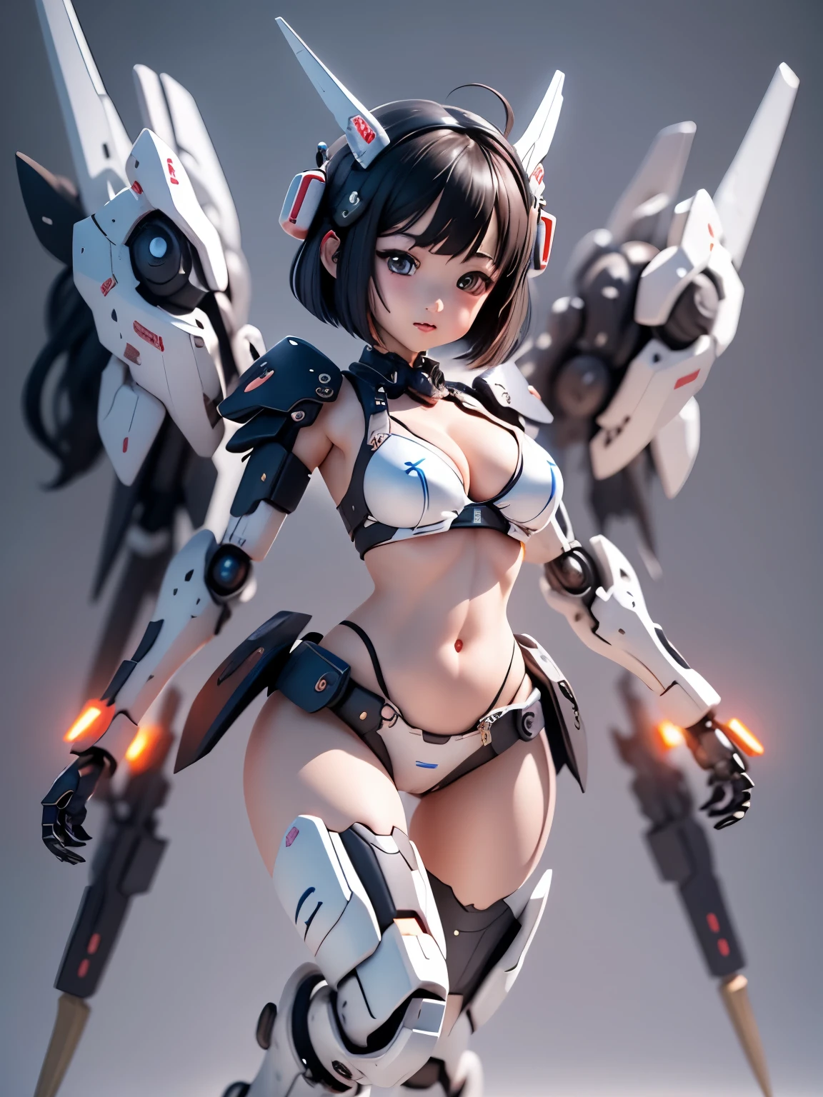 armor colored white and blue,,{(japanese young girl)}, ((wears a futuristic Gundam mecha)),(Gundam style), with headgear, with v-fin , ((unarmored cleavage)), ((unarmored stomach)), ((unarmored upper arms)), ((unarmored face)), (unarmored hands), (unarmored waist), ((unarmored thighs)), (unarmored ankles), japanese girl wear light blue and white striped pantie under armor, full body:1.5, battle pose,Pose that uses the whole body, 
 cute, (cute:1.2), (bob cut:1.3),三つ編み, 黒髪, 太い眉毛, 薄い色の虹彩, 大きくて輝いている黒い瞳, 長いまつげ, 小さく薄い色の自然な唇, (Average face of Japanese idols), (日本人特有の童顔:1.3), (baby face), 広いおでこ:1.2, ふっくらした頬, 小さな顎, open legs, spread feet, visible side boob, (holding weapon),(holding huge weapon), holding Very large shield,looking at viewer,Focus on the eyes , 

 3D rendering, 
 Small robot, 
 portrait female anime, 
 cute 3d anime rendering, 
 cute detailed digital art, 
 mini cute mech, 
 3D rendering stylized, 
 3D renderingされたキャラクター アート 8k, 
 cute digital painting, 
 Anime style 3D, 
 Super detailed rendering, 
 weapon in hand, 
