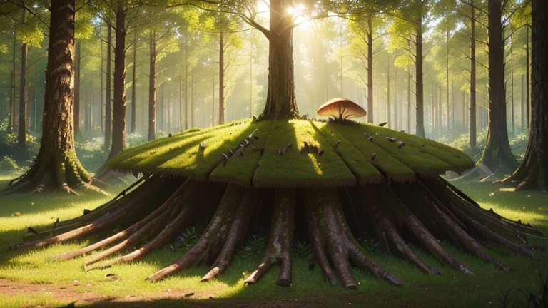 (High definition, high resolution, film style, realistic, realistic film style), Forest, large grass at background, ((Huge roots)), ((day, sunlight going down through the trees)), ((Sunny day)), big mushrooms on the ground, ((close shot)), ((big woodsticks on the ground))