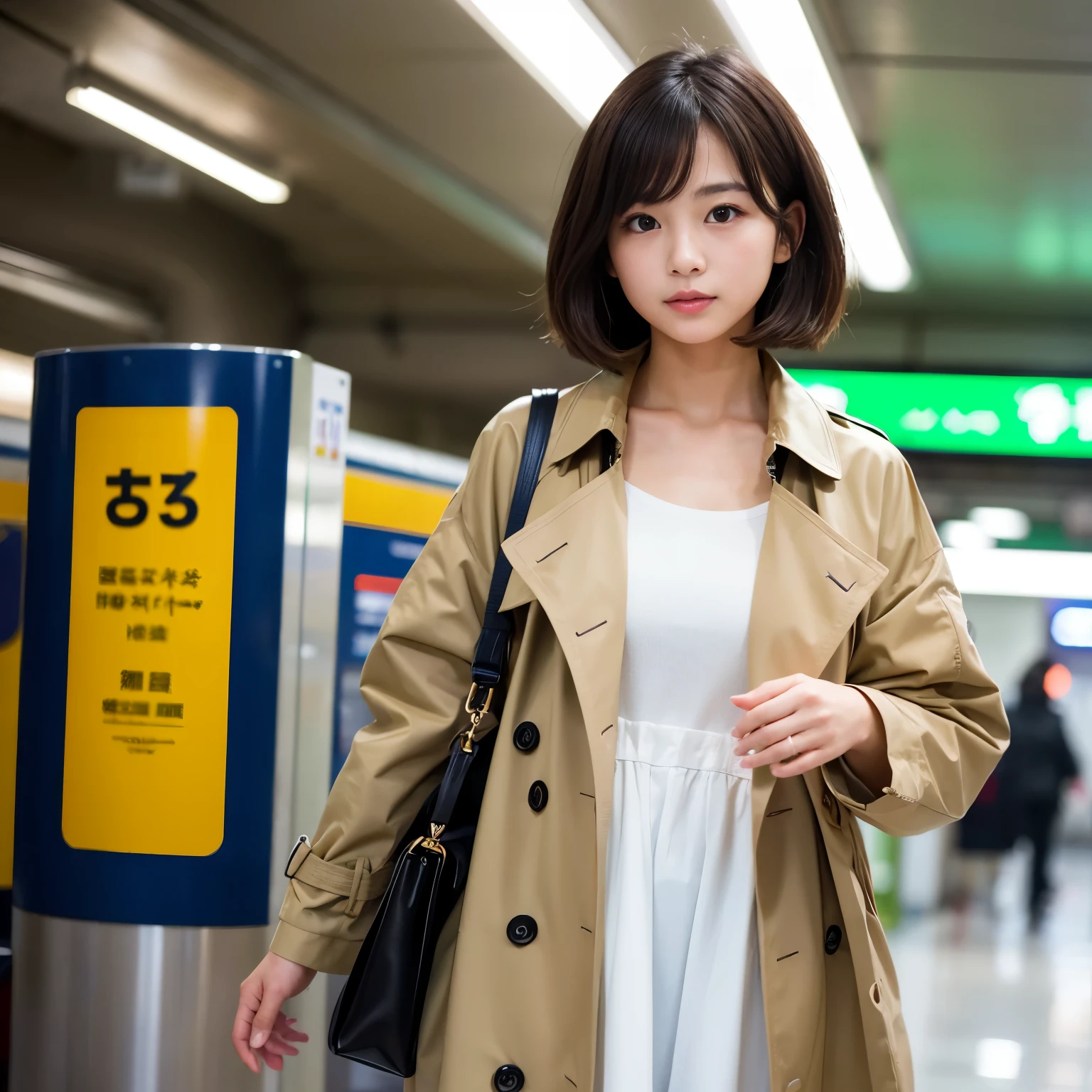 Best-quality, Masterpiece, Ultra-High-Resolution, (Photorealistic:1.4), Raw-Photo, 1girl, the most popular Japanese idol, in station of subway, have a sandwich, wearing trench-coat, extremely cute face like the most famous Japanese idol, ((extremely beautiful big-black-eyes)), extremely beautiful black-short-cut-haired, extremely beautiful lips, extremely beautiful realistic-skins, detailed trench-coat