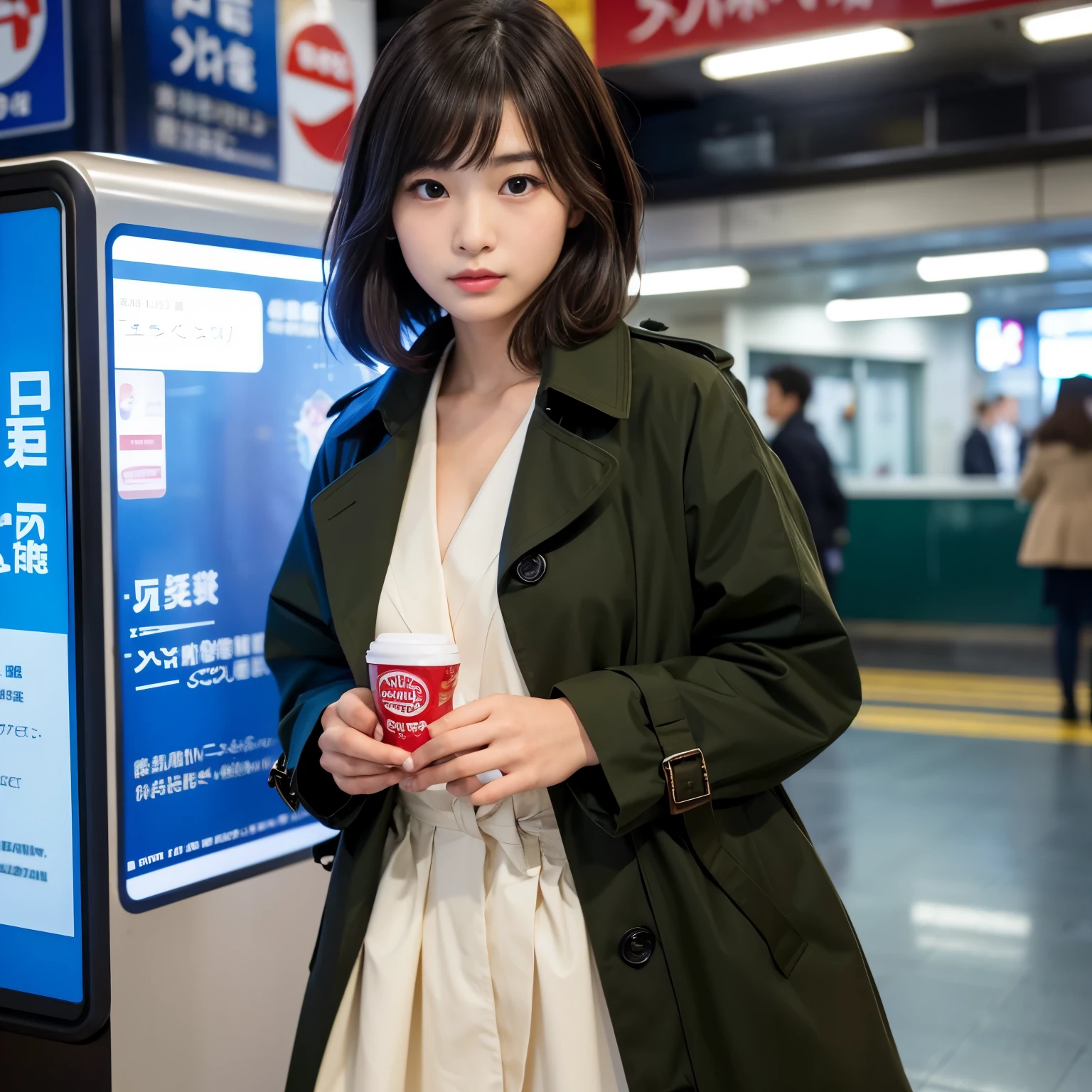 Best-quality, Masterpiece, Ultra-High-Resolution, (Photorealistic:1.4), Raw-Photo, 1girl, the most popular Japanese idol, in station of subway, hold a sandwich, wearing trench-coat, extremely cute face like the most famous Japanese idol, ((extremely beautiful big-black-eyes)), extremely beautiful black-short-cut-haired, extremely beautiful lips, extremely beautiful realistic-skins, detailed trench-coat