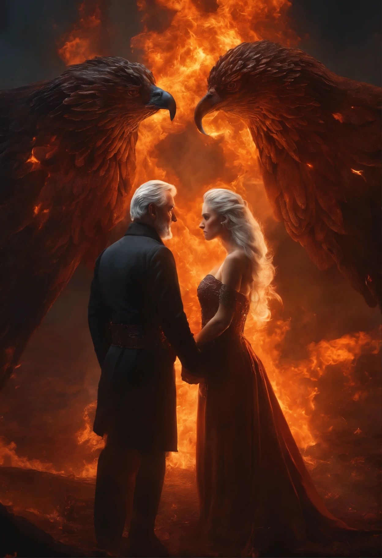 Heart, pulse, soul, fire, Couple, young gray-haired man and woman ,a woman and a gray-haired man stand engulfed in fire, Adam Marchinsky, Evgenius Zak, 8 k sensual lighting, Alexander Gerimsky, engulfed in swirling flames, by Hristofor Žefarović, Zlatyu Boyadzhiev