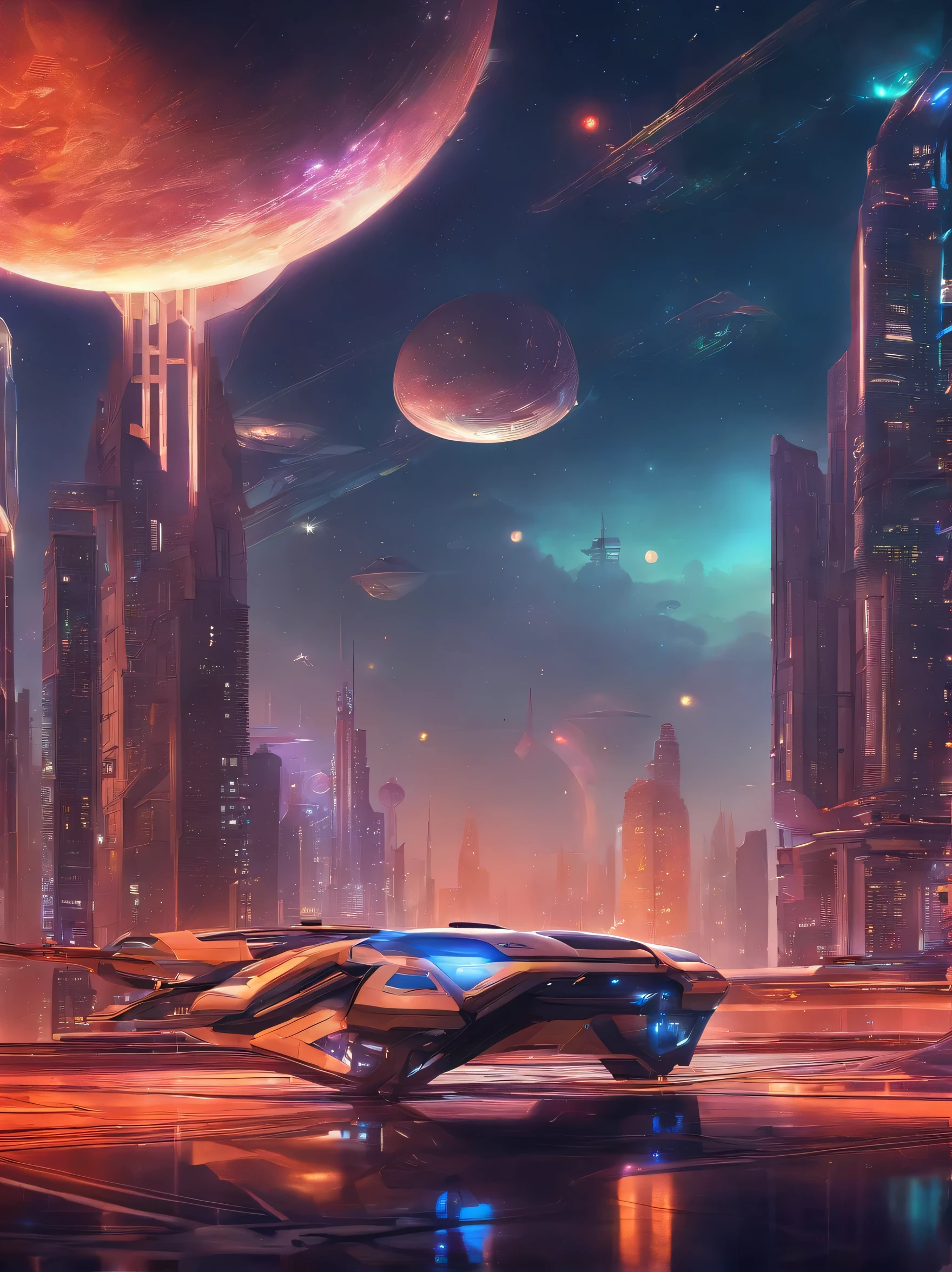 concept art 8K resolution, concept art 8K resolution, science fiction, night, futuristic train, futuristic building, futuristic city, futuristic concept art, futuristic utopia city, fantasy sci-fi city, futuristic Beautiful city, futuristic happy and prosperous city, luxury residential city, futuristic spaceport, futuristic flying car, vivid world, beautiful fluorescent lighting, countless LED lights, (depth field: 1.3),