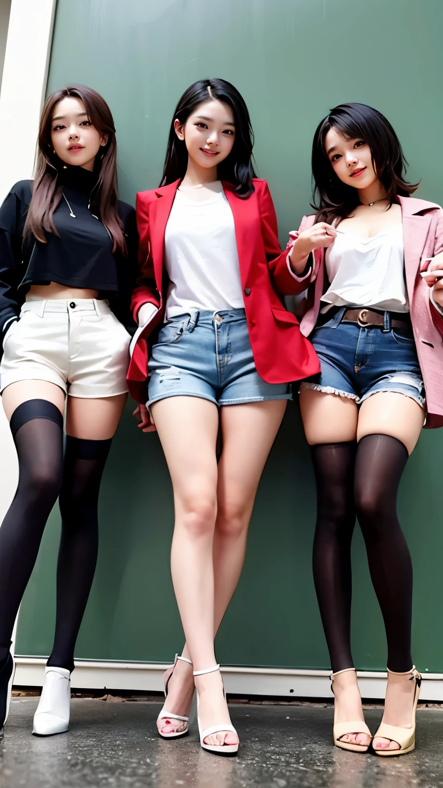 Supermodel、perfect details、Jacket、Three girls stare at the screen、 3 girls、、Thighhighs、beautiful feet、hot pants、smile