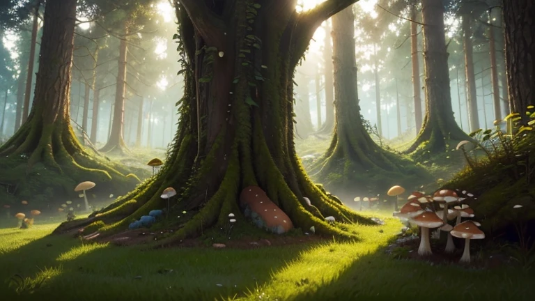 (High definition, high resolution, film style, realistic, realistic film style), Mushroom forest, Fairy Forest, large grass at background, ((Huge roots)), ((Evening, weak sunlight)), ((Evening illumination)), big mushrooms on the ground, ((close shot))