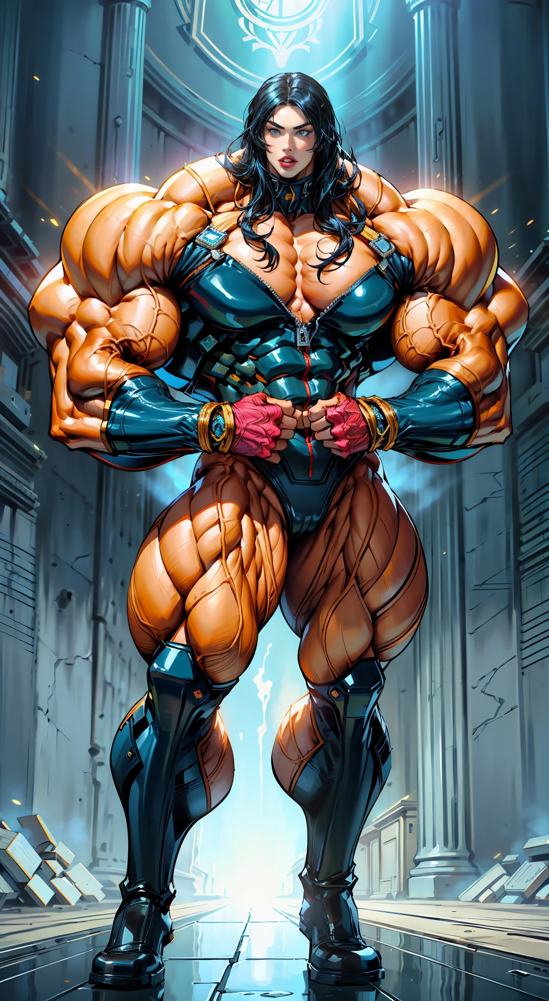 (1 woman), (megan fox:1.25), a drawing of a barbarian woman in full latex suit, (latex bodysuit:1.25), (extreme muscular definition:1.5), (full body pose:1.25), (huge upper body:1.25), (wide shoulders:1.25), veins, beautiful face, full lips, slim face, high cheekbones, muscular, in the art style of peter mohrbacher