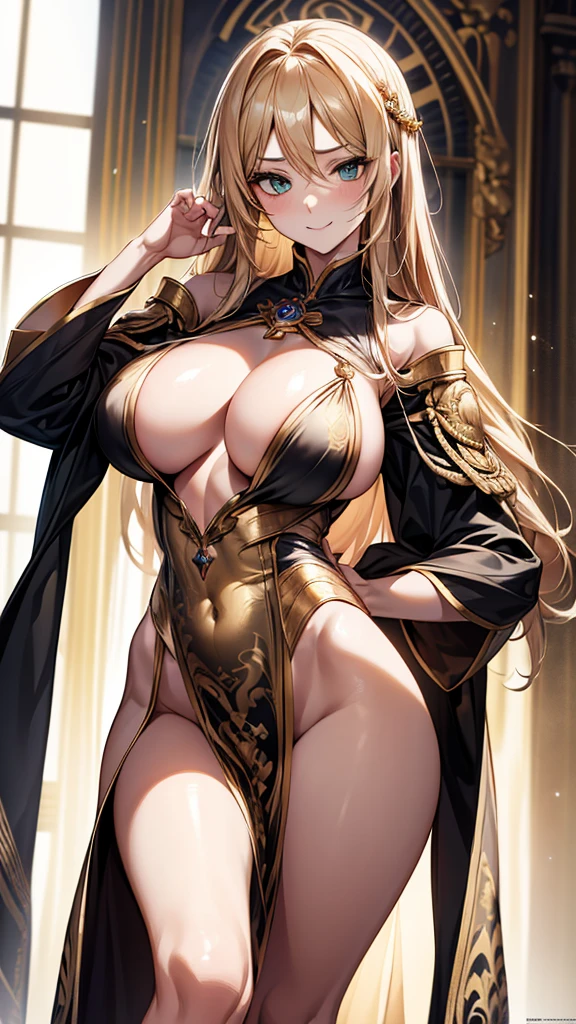 ((masterpiece, best quality, extremely detailed, absurdres)),((high resolution)) ,((8k)), a beautiful woman, ((She is one of the most famous high priestess.)), unparalleled beauty, ((large breasts:1.4)), ((large ass)), ((deep cleavage)), slim waist, chest out, ((ultra detailed face)), perfect skin, ((((waist length hair, long straight golden hair, crossed bangs)))), green eyes, whole body image, sexy, an inviting smile, (((anime))), ((glamorous)), sexual attraction ,23 years old, ((incredibly beautiful woman)), ((((provocative)))), ((The H cup bust)), ((((sexy pose)))), ((neat and clean.)), ((((high priestess)))), ((magic light)), Secret meeting, (((no wear a hat, no wear a cap))), ((no head accessory)), anime:1.4, gravure pose,