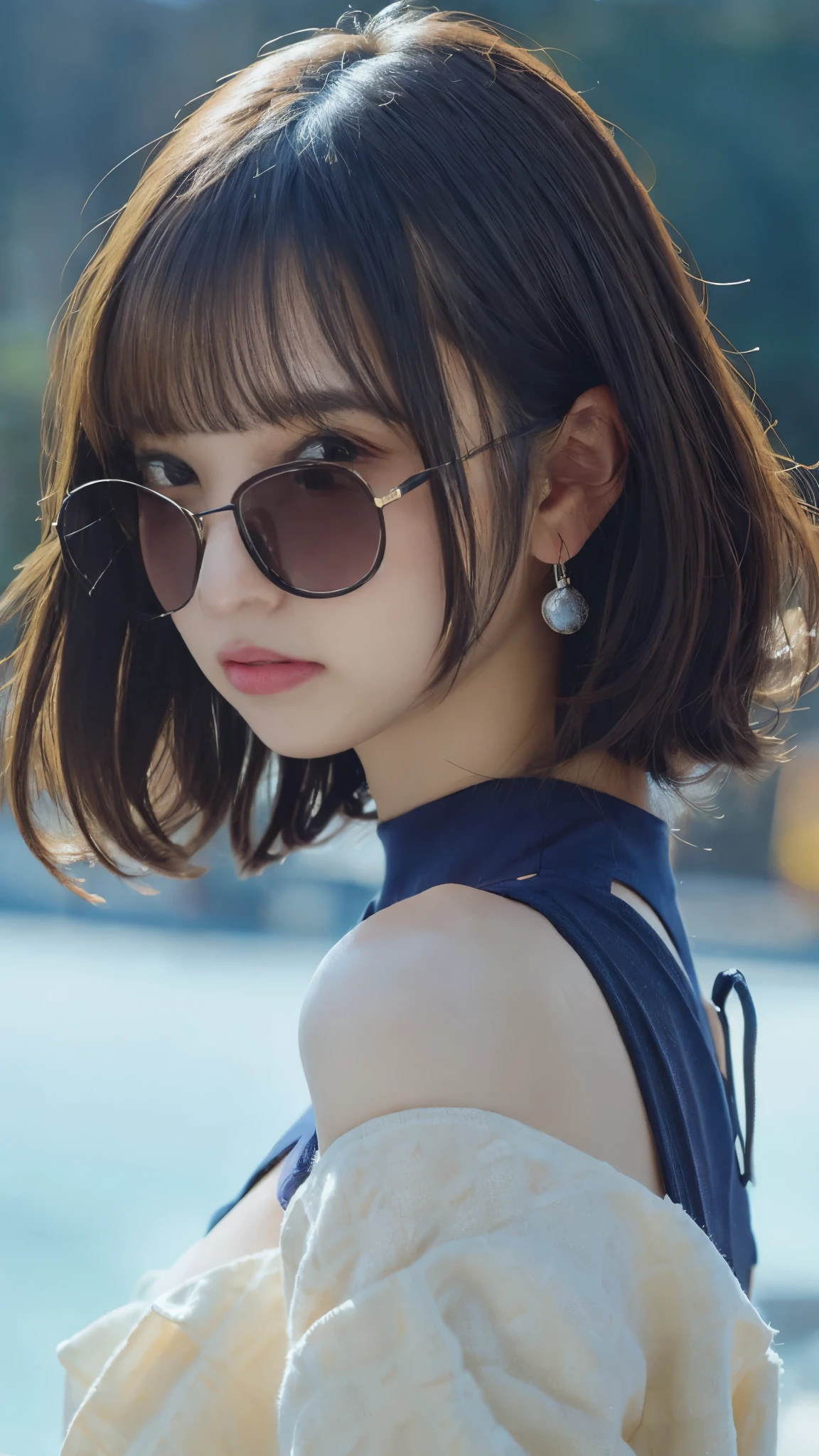 table top, highest quality, figure, super detailed, finely, High resolution, 8k wallpaper, 完璧なダイナミックな構figure, beautiful and fine eyes, woman's fashion fluffy winter clothes,Wearing sunglasses,medium hair,small breasts natural color lip, bold sexy pose、20 year old girl、cute、sexy shot looking at camera,RAW photo,anatomically correct body,blur the background,perfect and beautiful face,KPOP idol face,Slim face and body