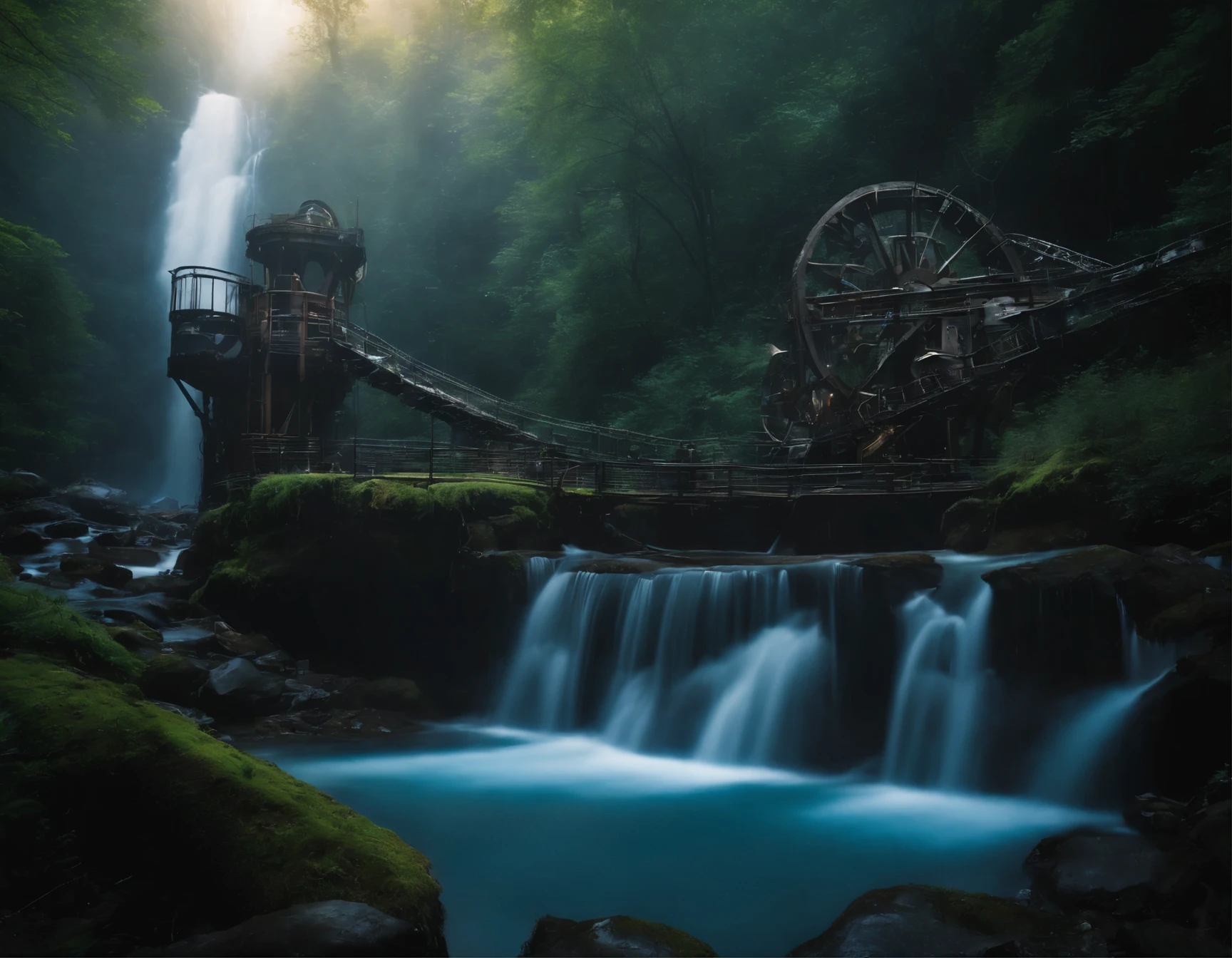 Step into the fusion of nature and machinery in a waterfall cascading over a gear-based cliff in Enchanted Mechanical Forests, where the organic sky blue intertwines with the mechanical iron, creating a biomechanical wonderland, style raw
