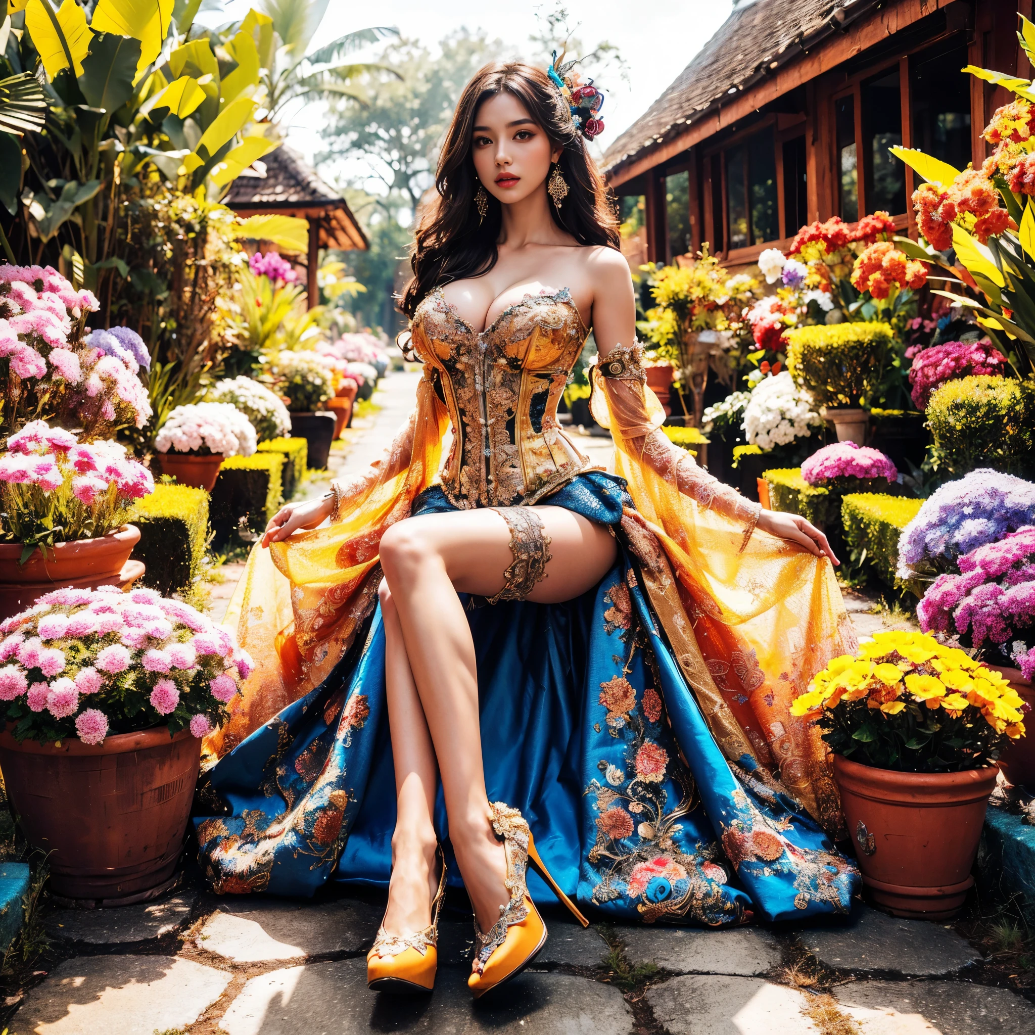 arafed woman with bustier gigantic breast in a corset and dress in front of a building, wearing an ornate outfit, ornate dress, intricate dress, elegant corset, ornate and elegant, extravagant dress, inspired by Hedi Xandt, ornate attire, intricate outfit, ornate royal gown, ornate clothing, ornate gown, intricate and elegant, intricate detailed dress, ornate , royal dress, masterpiece, best quality:1.2),,(8k,highres,RAW photo,realistic,photo-realistic:1.3),(detailed skin texture,detailed cloth texture,beautiful detailed face:1.25),professional lighting,photon mapping,beautiful soft light,radiosity,physically-based rendering,raytracing, model shoot style, model shoot style, (extremely detailed CG unity 8k wallpaper), full shot body photo of the most beautiful artwork in the world,