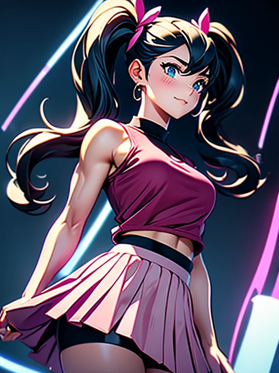 Tall (Giantess:1.3), athleic, (muscly:1.2), cute (gentle:1.2) magical girl with twintail black hair, pink clothes, (skirt:1.5)