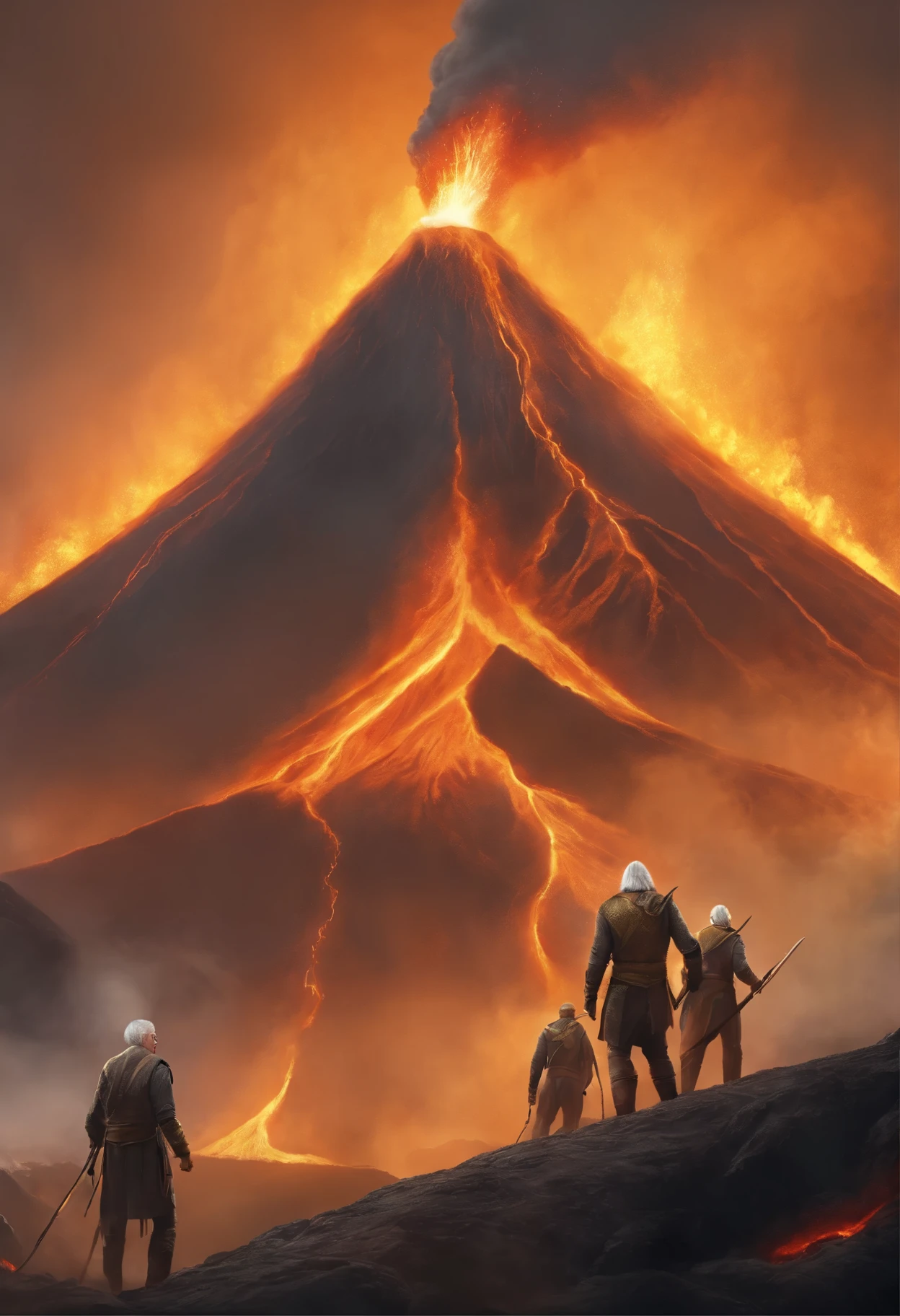 Drawing, fantasy, realism, high detail, quintet of men (detailing), ((with light gray hair)) (hair detailing), ((yellow eyes)), (face detailing), (clothing detailing), standing at an erupting volcano (volcano detailing), (nature detailing), 8kk