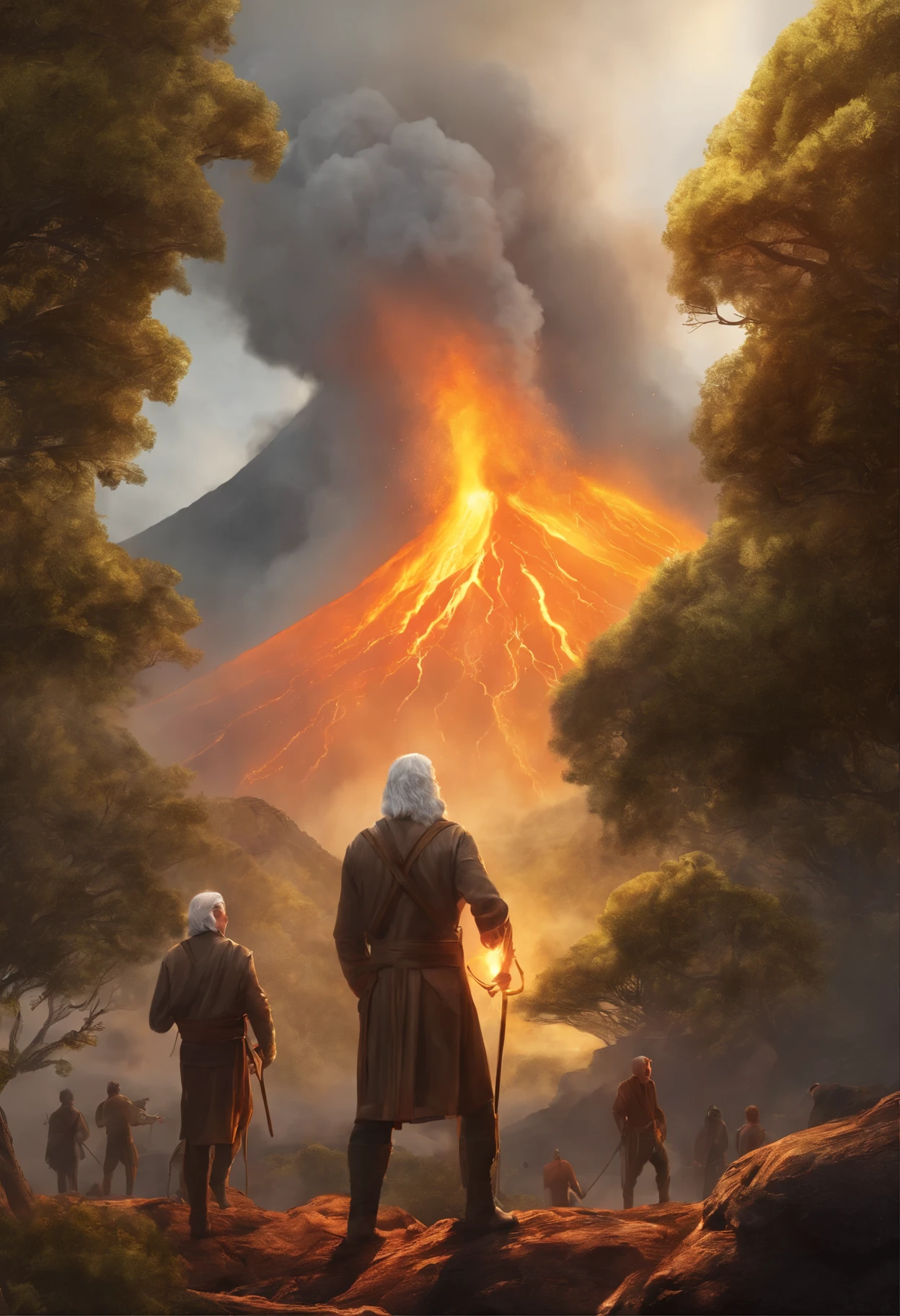 Drawing, fantasy, realism, high detail, 5 men with light gray hair, standing at an erupting volcano, 8kk