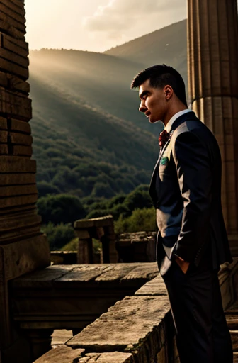 person made of stone、Weathered、wearing a suit、I'm using a smartphone、ruins、ancient ruins、movie poster、dramatic lighting