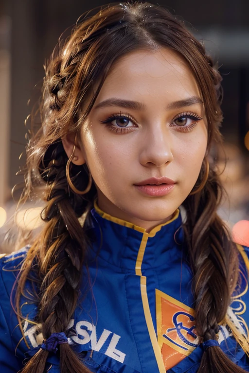 (anime,colorful) exuberant woman with braid, side bangs, French uniform, beautiful detailed eyes, beautiful detailed lips, extremely detailed eyes and face, Long eyelashes, vibrant colors, vibrant atmosphere, animated background, Dynamic Posture, confident expression, bright hair , striking makeup, forward fashion, exclusive accessories, elegant footwear, surreal lighting.
