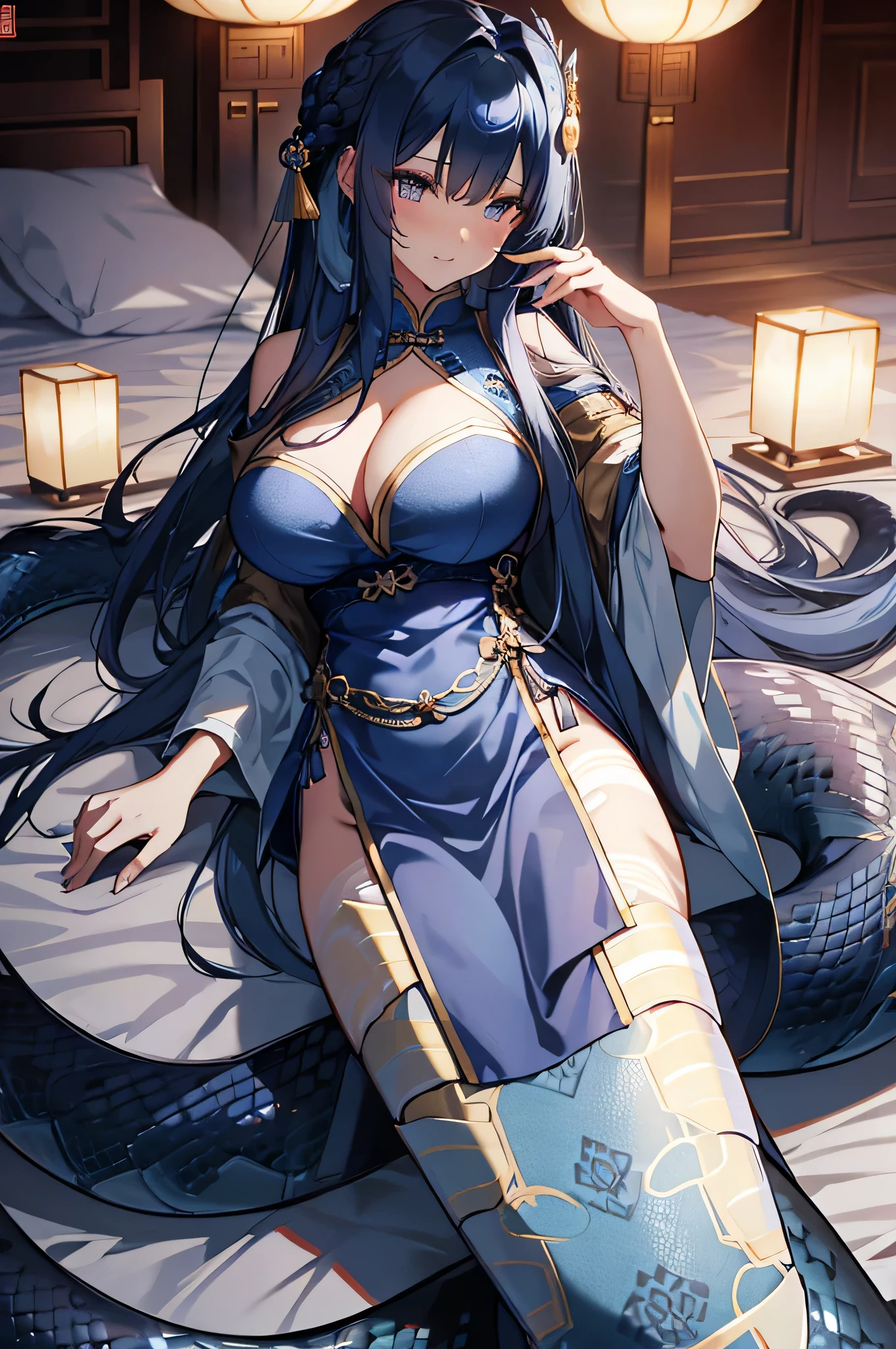 4K,High resolution,one woman,Lamia,dark blue hair,long hair,big breasts,ancient chinese princess,China dress,ancient chinese royal family