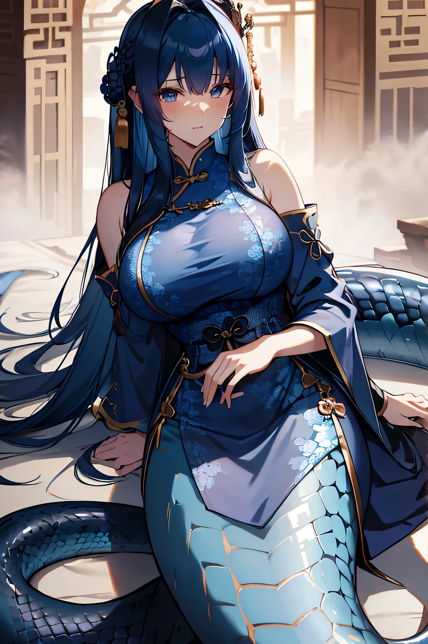 4K,High resolution,one woman,Lamia,dark blue hair,long hair,big breasts,ancient chinese princess,China dress,ancient chinese royal family