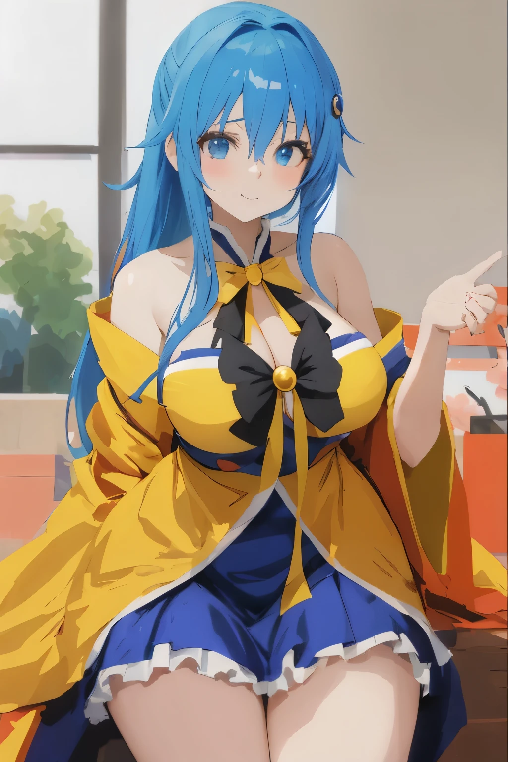 anime girl with yellow dress, blue hair and blue eyes posing for a picture, seductive anime girl, konosuba, aqua from konosuba, konosuba anime style, anime goddess, wearing a yellow robe, [32k hd]^10, oppai, anime moe artstyle, anime! 4k, anime! 4 k, anime woman