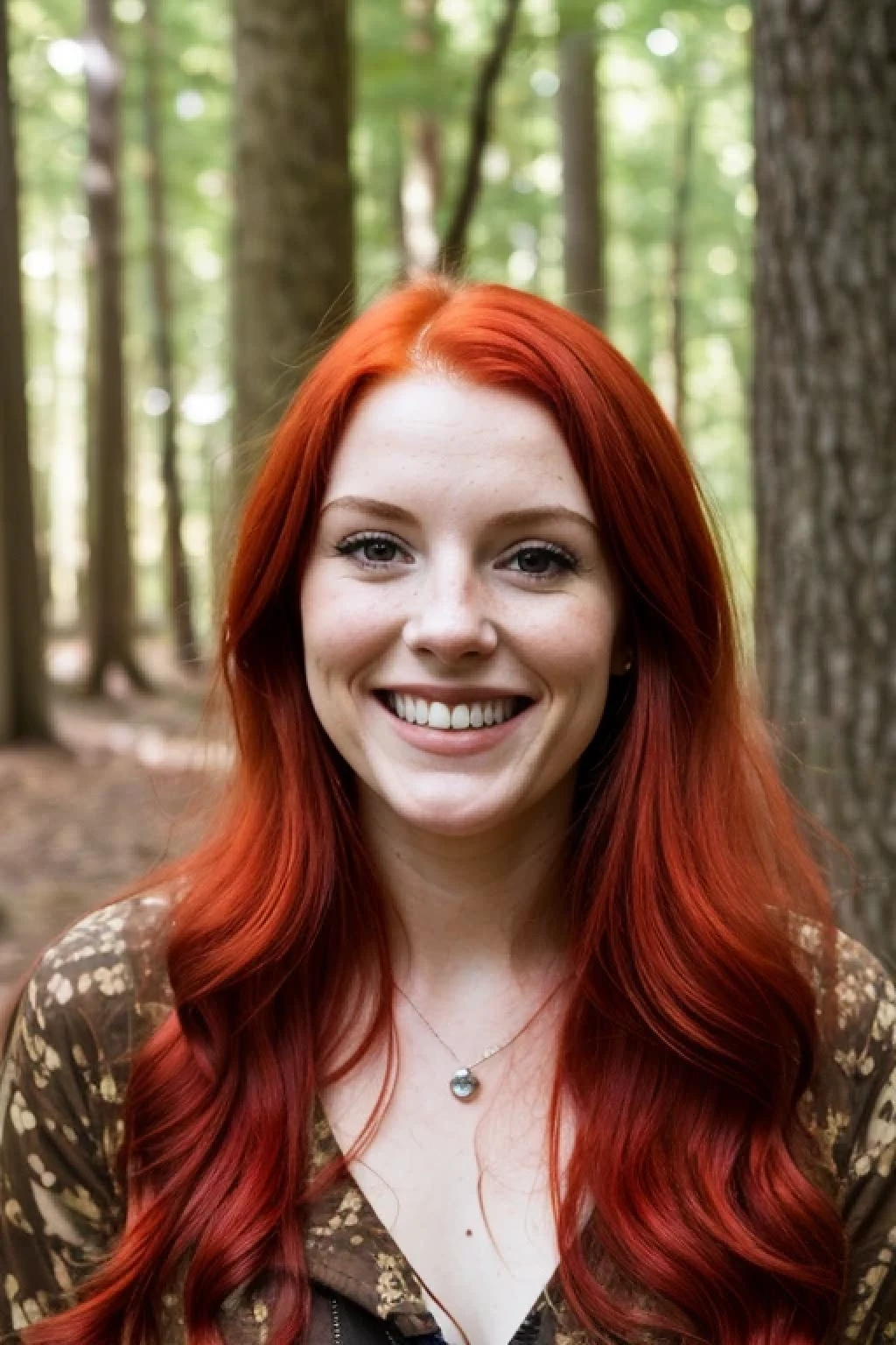 photo of a woman, red hair, smiling, in the woods