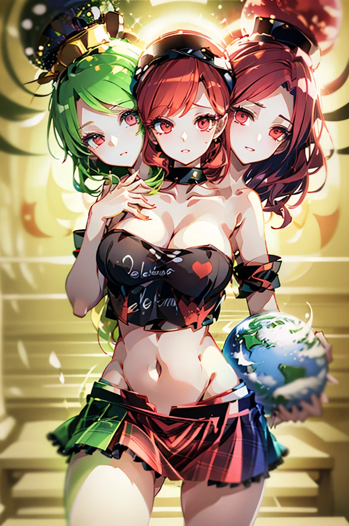 (masterpiece, best quality), best quality, (ultra-detailed), (3heads:1.5), 1girl, (hecatia lapislazuli:1.3), masterpiece, best quality, black top, crop top, ((stomach)), midriff, ((groin)), plaid skirt, miniskirt, multicolored skirt, normal ears, shackles, red hair, very long hair, wavy hair, sidelocks, red eyes, parted lips, single horn, sweat, cute, toned belly, hand on own chest, eyelashes, (24 year old woman:1.3), (masterpiece:1.4), (best quality:1.4), (beautiful detailed extremely detailed CG, extremely delicate and beautiful, depth of field, (finely detailed face), (perfect details:1.1), (mature female:1.3), wide pelvis, slender, large veiny breast, 8k resolution, high quality, high definition, extremely detailed, masterpiece, best quality, red hair, long hair, alluring presence, twin braid, short skirt, close up, big tits, young, striped, earth (ornament), moon (ornament),