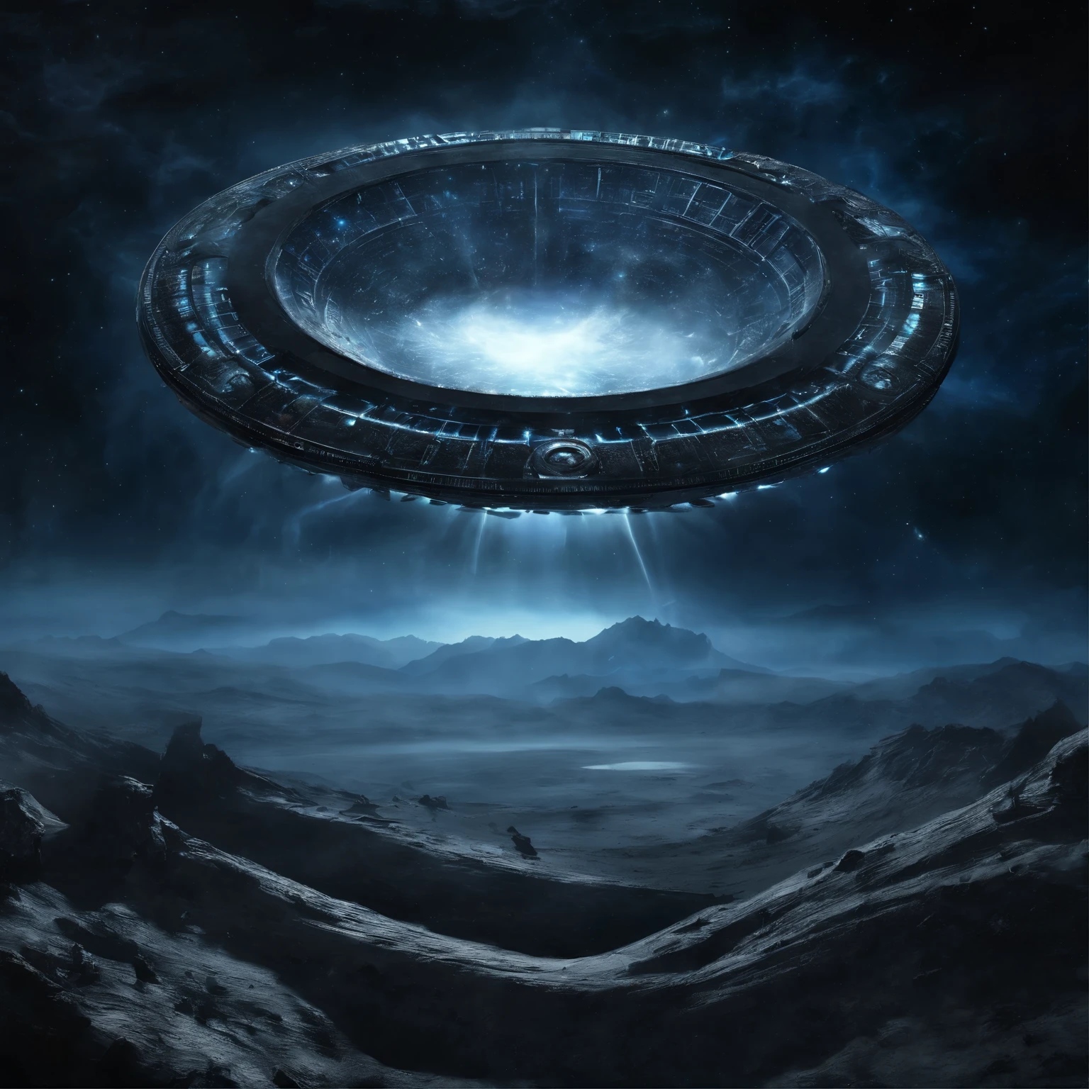 (((deep outer space))), super detailed image of the giant stargate ring (in the deep space), ((the entire space inside this stargate is filled with streams of blue light flowing from the ring to the center of the space inside this ring):1.5), ((flying saucer opposite this stargate is preparing to pass through it):1.5), Milky Way background, space, stars, (deep outer space around), (Best Quality, 16K, Masterpiece, UHD, Ultra quality cinematic lighting, Huge detail, Well lit, sharp, hyper realistic, epic scale, insane level of details)