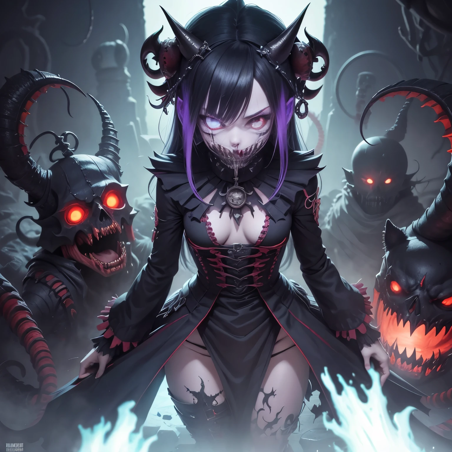 Tokio Ghoul, anime, demonio, bestial skull, correntes ensanguentadas, preso, ossos Behemoth, manic eye aberration, membros suturados, tentacles, ossos, dentes, presas afiadas, acorrentado, expression of insanity, loucura, dungeon dungeon environment, 8k, qualidade ultra HD.