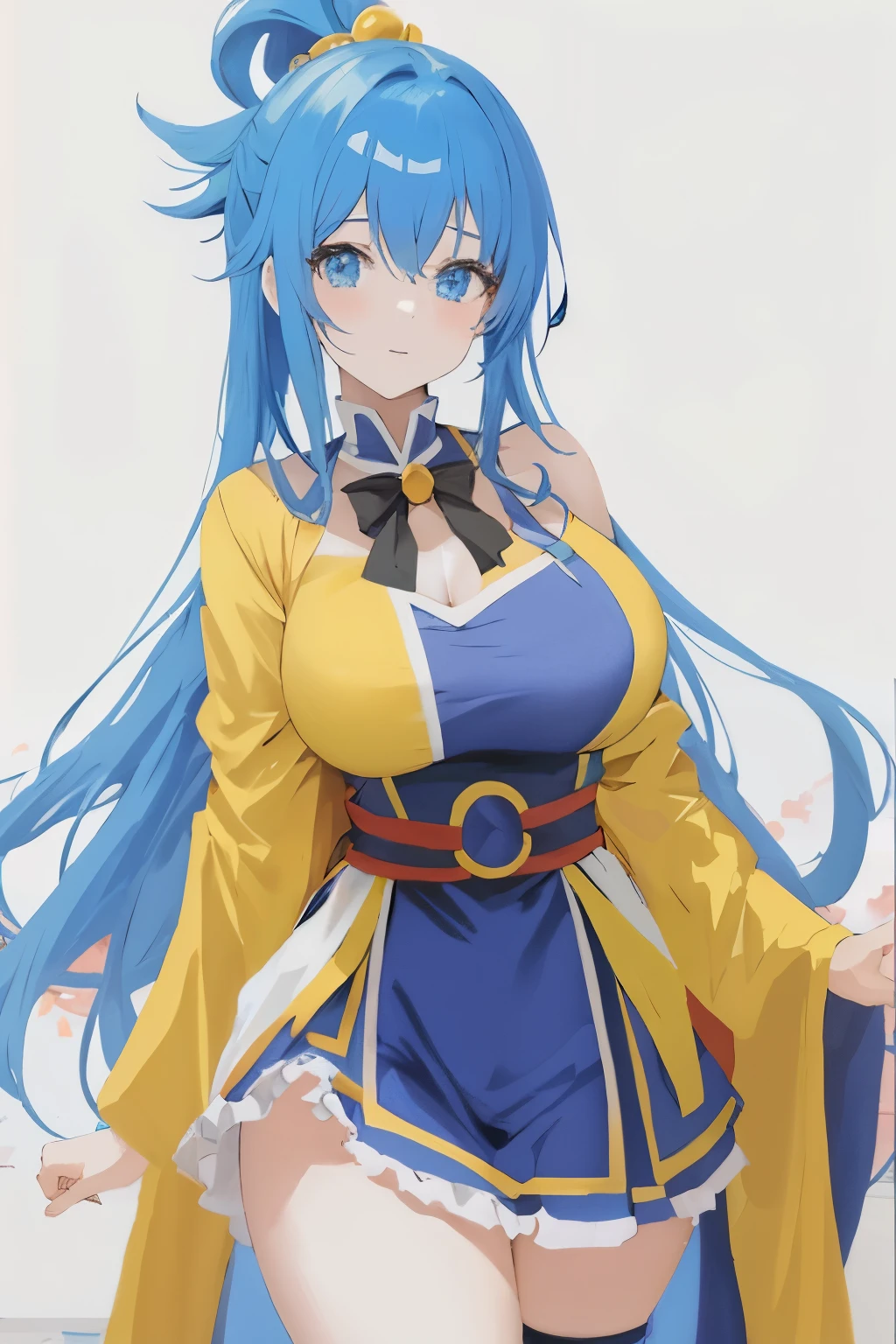 anime girl with yellow dress, blue hair and blue eyes posing for a picture, seductive anime girl, konosuba, aqua from konosuba, konosuba anime style, anime goddess, wearing a yellow robe, [32k hd]^10, oppai, anime moe artstyle, anime! 4k, anime! 4 k, anime woman