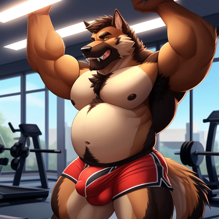 Male, solo, anthro, German Shepard, older male brown fur, gym, (tight gym shorts), detailed lighting, brown chest tuft, ruffled fur, musclegut, belly, focus on belly, hands on belly, weight gain, muscular arms attractive, (detailed bulge, detailed genitals), (bare chest), (detailed genital outline), (tenting (shorts)), (outstretched (shorts)), snout, long snout, teeth, perfect eyes, mature male, father figure, dilf, daddy, fangs, wide waist, broad shoulders, strong thighs, white teeth, detailed hands, massive bulge, bulge, detailed crotch, (detailed bulge outline), dramatic lighting, standing, (detailed erection under clothing (shorts))