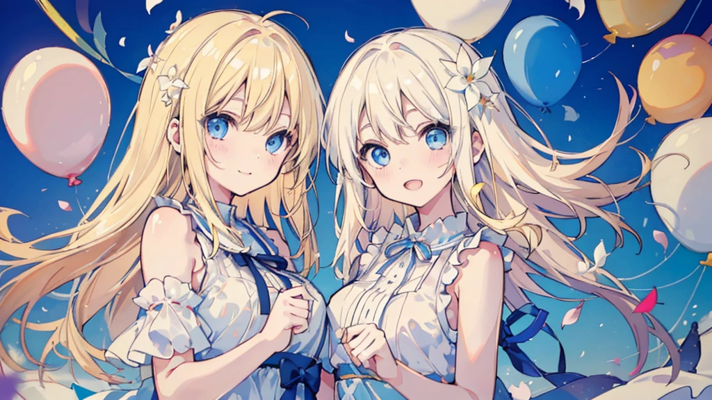 (face, 2 girls, blonde hair, blue eyes, white sundress, kawaii), (fluttering petals, colorful balloons, celebration, congratulation)