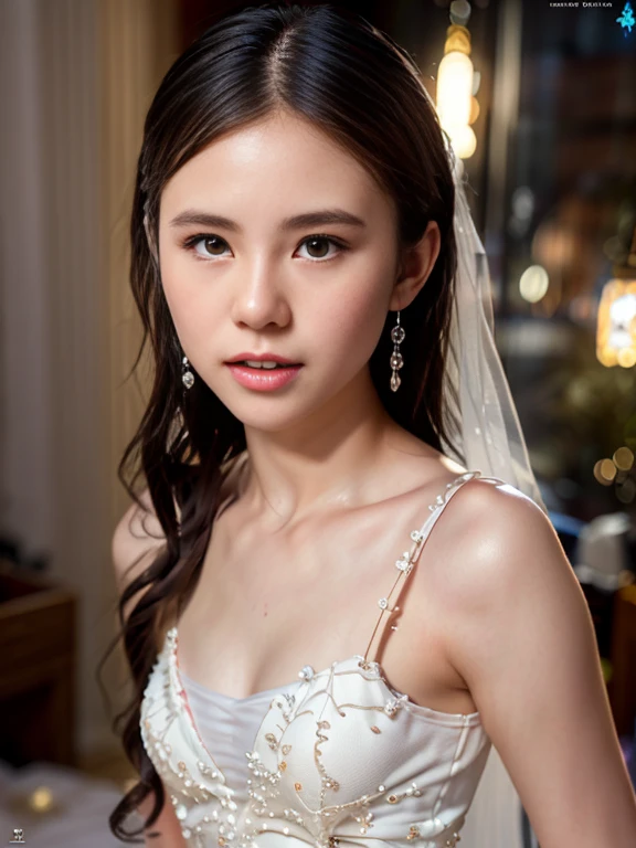 Highly detailed CG Unity 8k wallpaper, top quality, super detailed, masterpiece, realistic, photorealistic, very detailed cute girl, (25 years old), blush, round eyes, semi-body shot, white wedding dress, (curtsey), small breast