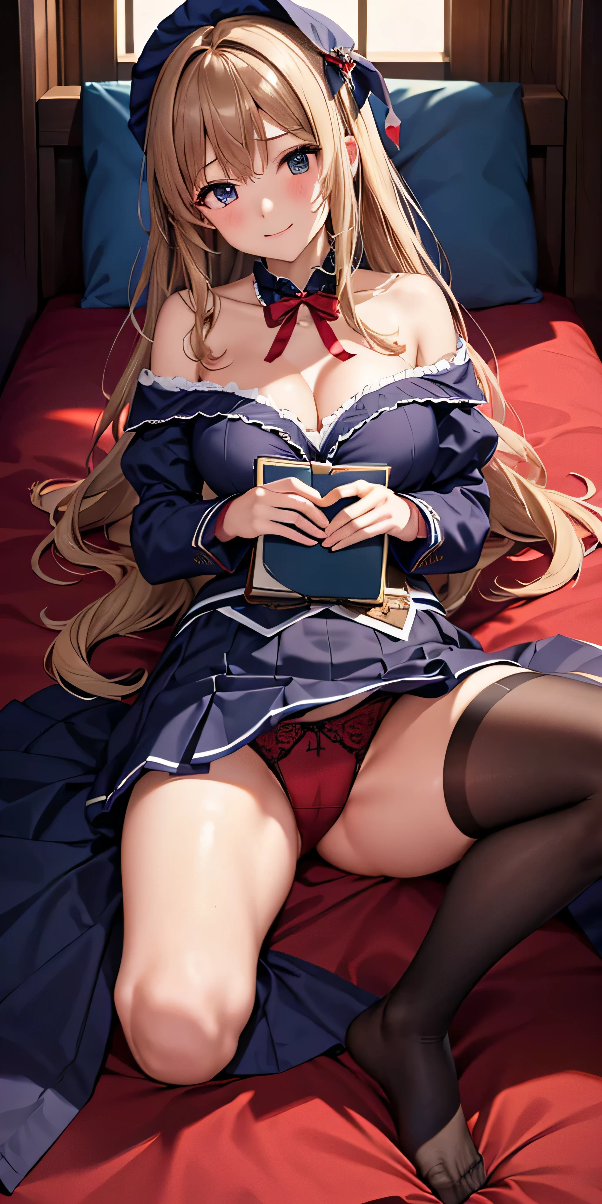 debris flies, highest quality, Highly detailed CG Unity 8K wallpaper, sexy witch , Long length hair、Dark blonde wavy hair、off shoulder knit, dark blue pleated skirt, stockings、medium breasts, saggy breasts, Pose that emphasizes the chest, blush, shy smile, bare shoulders, (((lift up the skirt with both hands、open your legs wide、please open your knees))）、、nice magic book、church bed、lying in bed、、red and navy panties、red and navy bra