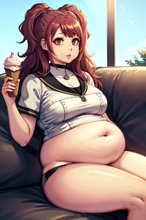 fat, rise kujikawa, fat belly., obese, holding  icecream, sitting on couch, extremely fat, large belly, obese 