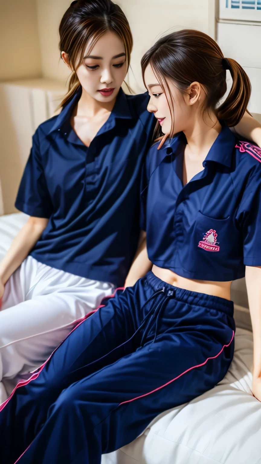2 girls in the piano room, Navy blue short-sleeved shirt,Navy Long Trackpant,Sweatpants, Sweatpantsขายาว, lying in bed., หญิงรักhave sex, coax, Sexual arousal, Realistic poses, exercise clothes, exercise clothes, have sex