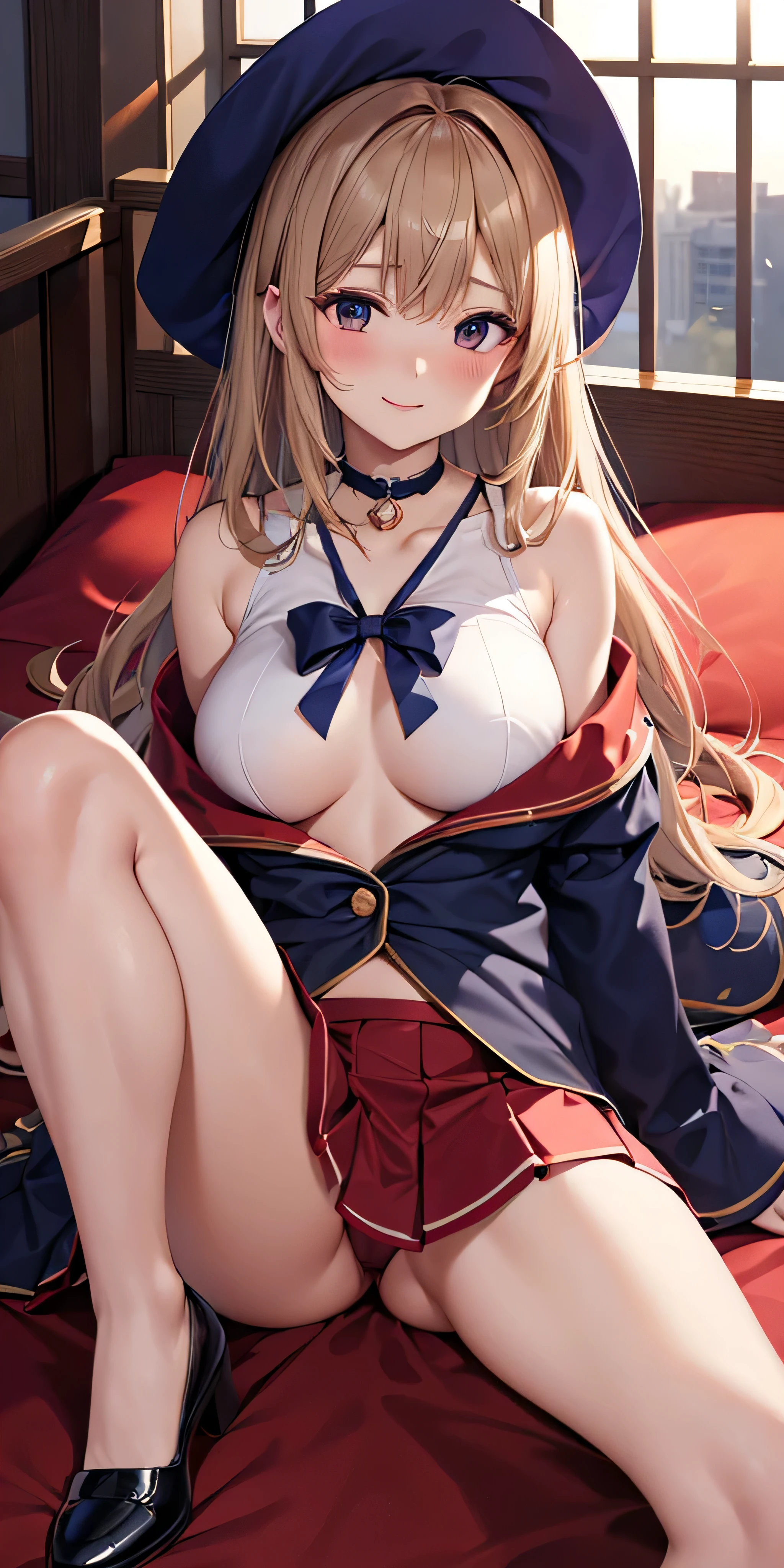 debris flies, highest quality, Highly detailed CG Unity 8K wallpaper, sexy witch , Long length hair、Dark blonde wavy hair、off shoulder knit, dark blue pleated skirt, stockings、medium breasts, saggy breasts, Pose that emphasizes the chest, blush, shy smile, bare shoulders, (((lift up the skirt with both hands、open your legs wide、please open your knees)))、、nice magic book、church bed、lying in bed、、red and navy panties、red and navy bra