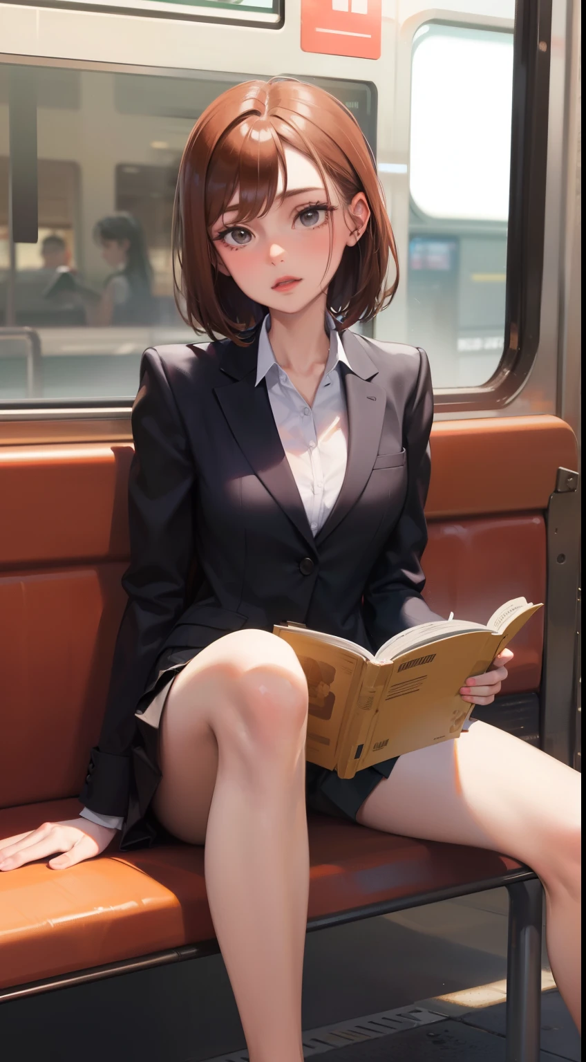 A lovely 35-year-old woman in a business suit and tight skirt is sitting on a horizontal wooden bench at the train station and reading a book. Spread her legs a little and look at her inner thighs from the front.