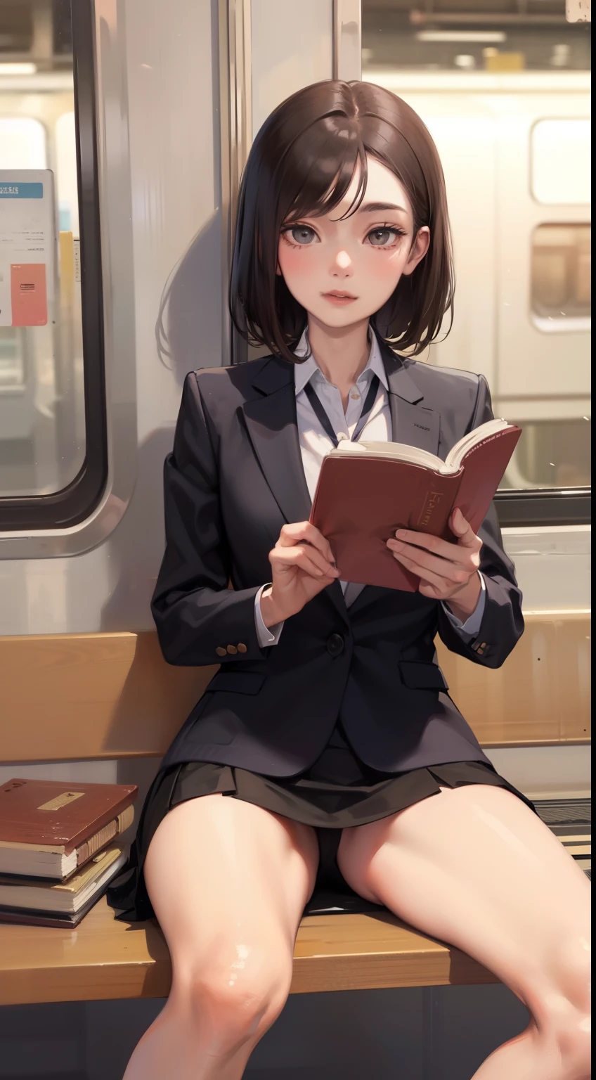 A lovely 35-year-old woman in a business suit and tight skirt is sitting on a horizontal wooden bench at the train station and reading a book. Spread her legs a little and look at her inner thighs from the front.