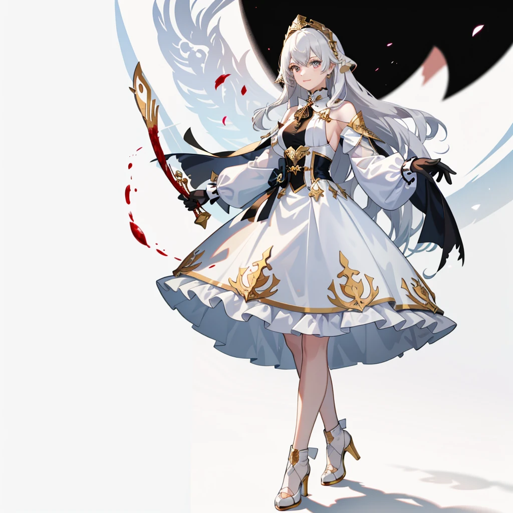 ((masterpiece,best quality)),(3girl:1.2), solo, beautiful detailed eyes, detailed face, (full body:1.2), white long hair, red eyes,small breast, (black background:1.1), bloody particles,blood on the face,
Silver wavy hair, blue eyes, gorgeous white long dress, reverent, beautiful woman, benevolent smile, headdress, gold shoes, anime, temple background, unexposed