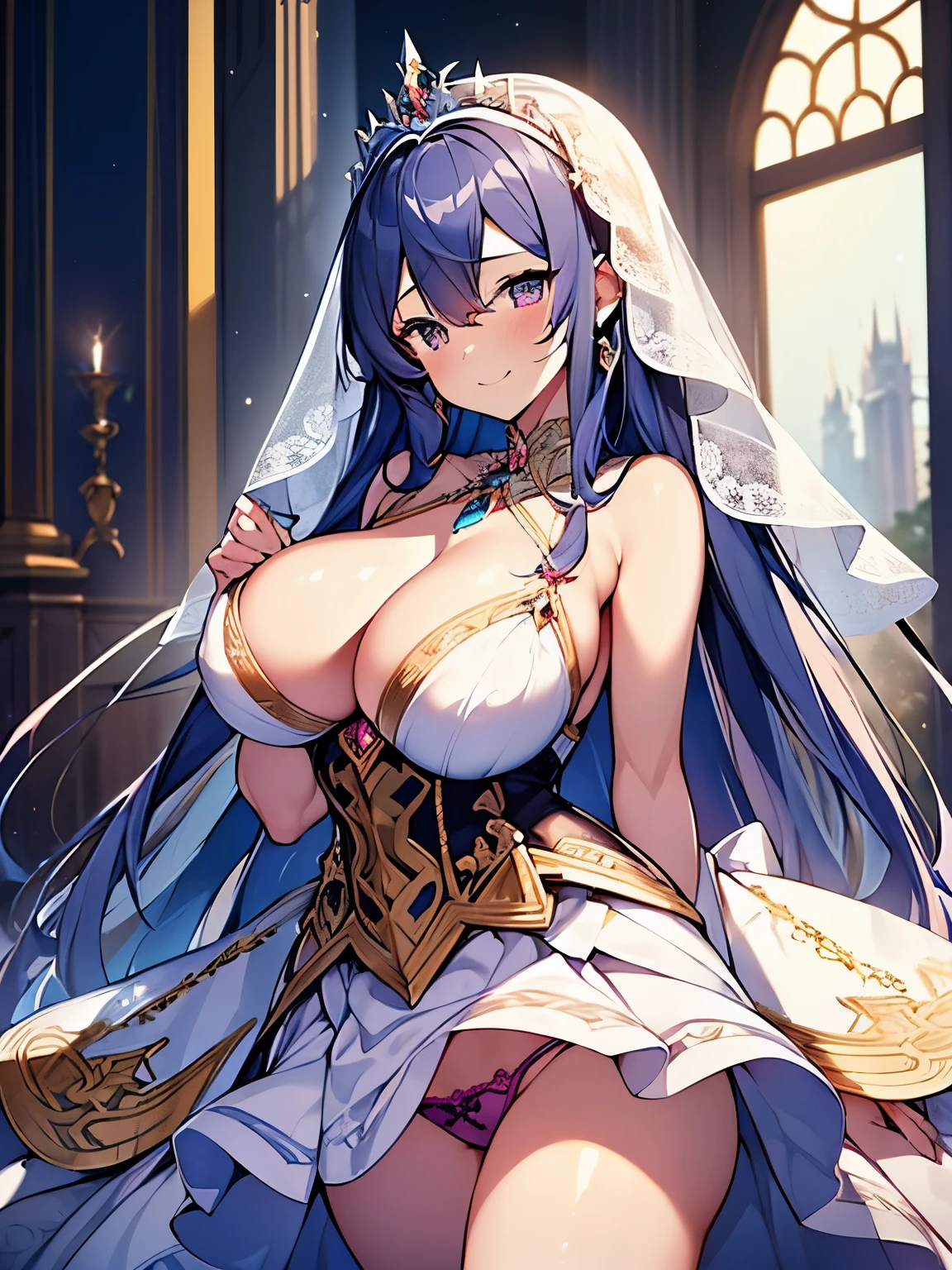 (anime art style),((masterpiece,highest quality,Super detailed,very delicate and beautiful)),alone,((whole body,Standing picture)),Stand in the Holy Cathedral,((sacred atmosphere)),((1 holy High Priestess in Gorgeous rococo ball gown dress with beautiful embroidery and jewels and voluminous full-length hoop skirt)),(crinoline),gorgeous embroidery,(gorgeous gemstone jewelry),((gorgeous holy veil)),(detailed face and eyes),eyes like jewels,smile,((large amount of straight hair,very long voluminous hair)),((巨大なtits,長いtits,skin dents)),gorgeous embroidery,cleavage,very gorgeous hair ornament,(A tiara decorated with gorgeous sparkling jewels),gorgeous corsage,Stained glass,(dynamic angle),looking at the viewer,((whole body)),((Gorgeous rococo ball gown dress with beautiful embroidery and jewels and voluminous full-length hoop skirt)) official art, beautiful and aesthetic:1.2), (1 girl), very detailed目, (fractal art:1.3), colorful, most detailed, (perfect face), shiny skin, HDR, milky way, (light streaks), striking visuals, (dynamic streaks, Path of Light:1.2), bright colors,((巨大なtits、tits、cleavage、Erect nipples are clearly visible、erotic face、Open your legs to emphasize your pants、thighs)) 、highest quality,In 4K,8K,High resolution,debris flies:1.2,Super detailed,reality:1.37, ticker,ticker,studio lighting,Ultra-fine painting,titsのシャープなフォーカス,Physically based rendering,extreme details,Professional specifications,Vividness and color、view from below,Have sex from before,masterpiece,full color, ((I will show you the perfect and erotic white T-back panties)),((lewd panties))、美しいthighs、Low - Angle:1.4、highest quality, very detailed,美しいsmile、big breasts、adultery、camel toe
