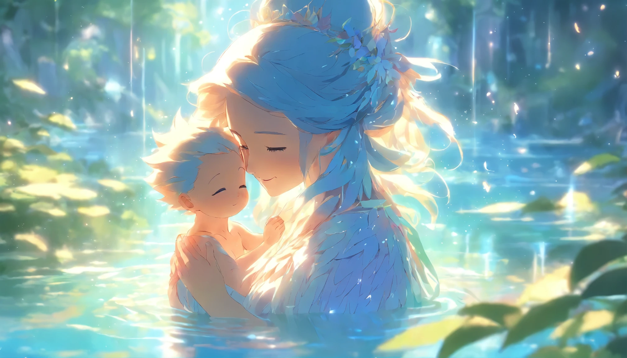 Mothers and children、Mother and  with a gentle smile(boy)Gently put transparent feathers on the back of、The whole body is reflected、The world where life is born、Blue sunlight filtering through the leaves like in the water、fantasy、Japanese style super high quality animation movie、anime manga style illustration、Xin Haichengfeng