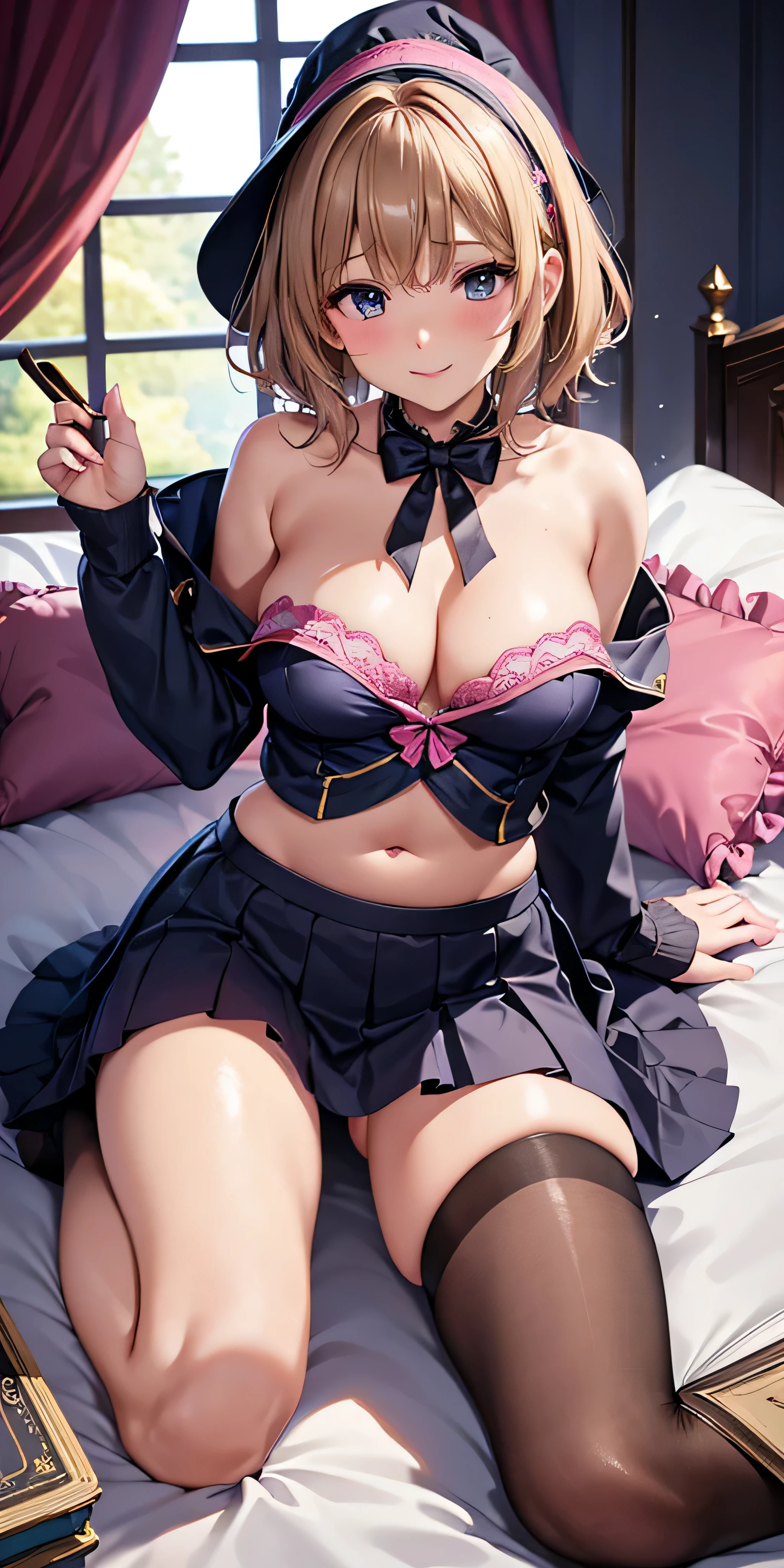 debris flies, highest quality, Highly detailed CG Unity 8K wallpaper, sexy witch , short hair、Dark blonde wavy hair、off shoulder knit, dark blue pleated skirt, stockings、medium breasts, saggy breasts, Pose that emphasizes the chest, blush, shy smile, bare shoulders, (((、open your legs wide、please open your knees)))、、nice magic book、church bed、lying in bed、stick out your butt、pink panties、pink good