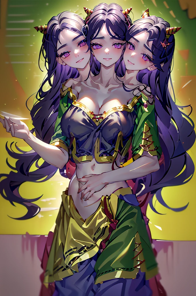 (masterpiece, best quality), best quality, (ultra-detailed), (3heads:1.5), 1girl, (Nippaku Zanmu:1.3), masterpiece, best quality, green top, crop top, ((stomach)), midriff, ((groin)), blue skirt, normal ears, shackles, purple-black hair, very long hair, wavy hair, sidelocks, crimson eyes, parted lips, single horn, sweat, cute, toned belly, hand on own chest, eyelashes, (23 year old woman:1.3), (masterpiece:1.4), (best quality:1.4), (beautiful detailed, extremely detailed CG, extremely delicate and beautiful, depth of field, (finely detailed face), (perfect details:1.0), (mature female:1.3), wide pelvis, slender, large veiny breast, 8k resolution, high quality, high definition, extremely detailed, masterpiece, best quality, purple-black hair, long hair, alluring presence, braid, short skirt, close up, big tits, young, 