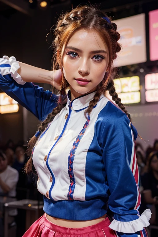 (anime,colorful) exuberant woman with braid, side bangs, French uniform, beautiful detailed eyes, beautiful detailed lips, extremely detailed eyes and face, Long eyelashes, vibrant colors, vibrant atmosphere, animated background, Dancing Posture on stage, confident expression, Bright hair, striking makeup, forward fashion, exclusive accessories, surreal lighting.