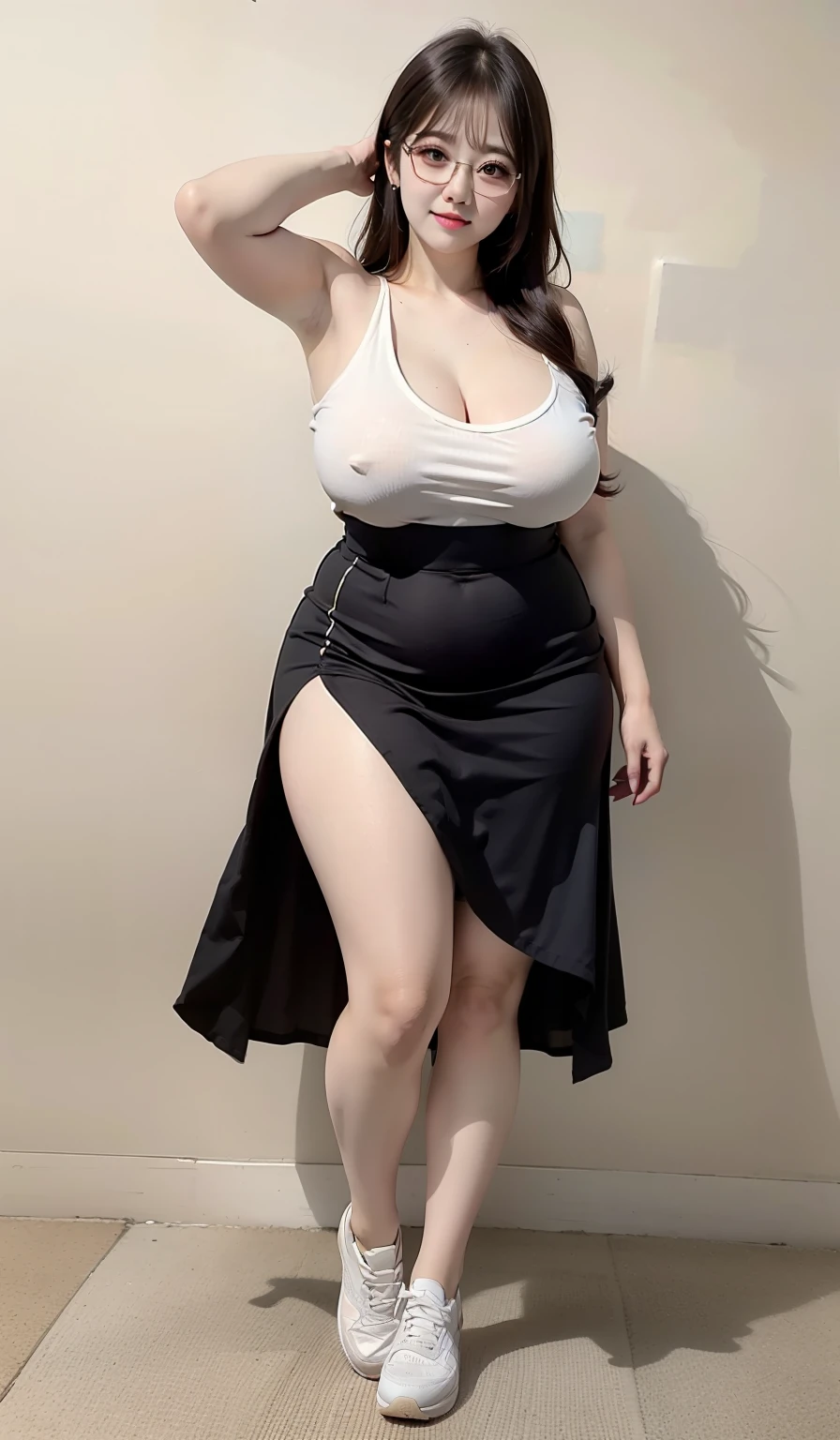 Medium hair, mature woman, big breasts, chubby arm, chubby thighs, chubby armpits, chubby cheeks, korean woman , wearing thight skirt, thight clothes, sneakers, glasses, very chubby body, full body, sexy dress