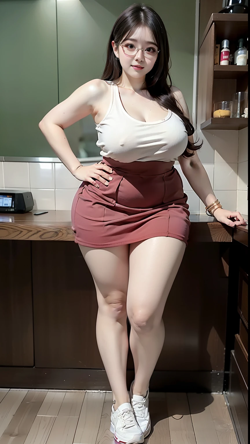 Medium hair, mature woman, big breasts, chubby arm, chubby thighs, chubby armpits, chubby cheeks, korean woman , wearing thight skirt, thight clothes, sneakers, glasses, very chubby body, full body, sexy dress