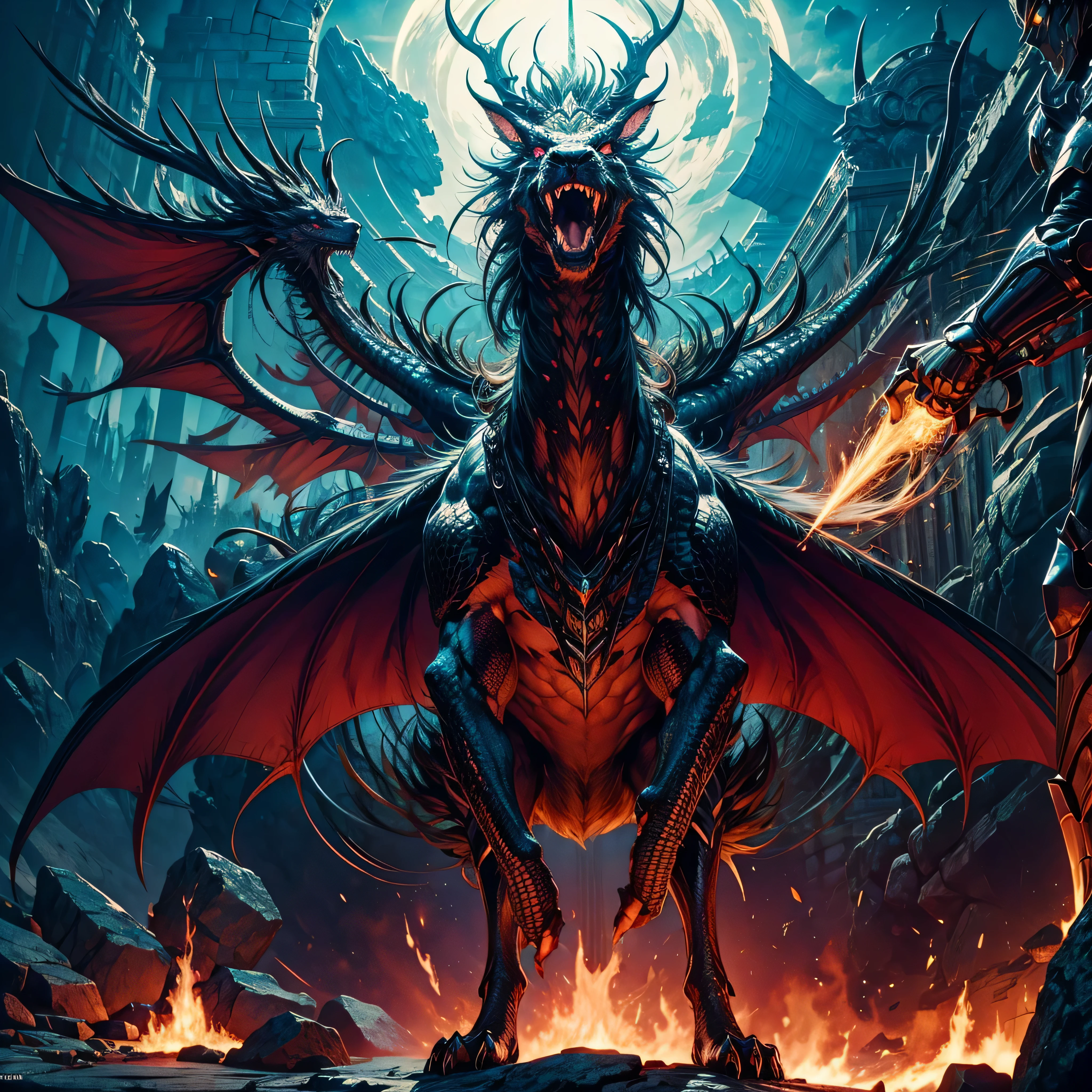 <lora:BahamutV1:1>, dragon,scales,horns,wings, breathing fire / electricity,shadow,lightning,holy,divine), no humans:1.2 ,
BREAK(1dragon,(full body:1.35), dynamic angle, dynamic posture, detailed shadow, detailed lightning, (wide view, wide-angle lens)),
BREAK(perfect(anatomy,body), a dragon wake up,
BREAK(soft light, light on face, cinematic lighting, dramatic),
BREAK(<lora:more_details:0.7>, extremely detailed, CG, 8k Amazing, finely detail, (masterpiece:2.0, best quality), (intricate details, depth of field)),
<lora:FantasyForest:1>, FanFo, trees, sunlight, godrays, rock , detailed forest, detailed fantasy, cloud, sky,