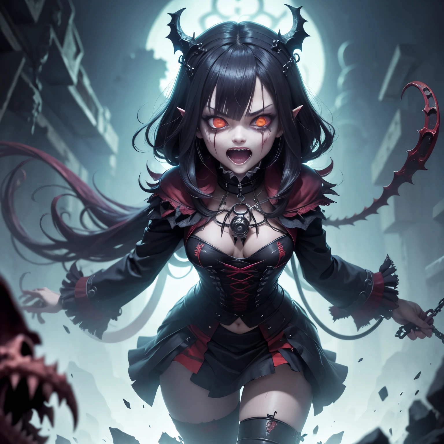 Tokio Ghoul, anime, demonio, bestial skull, correntes ensanguentadas, preso, ossos Behemoth, manic eye aberration, membros suturados, tentacles, ossos, dentes, presas afiadas, acorrentado, expression of insanity, loucura, dungeon dungeon environment, 8k, qualidade ultra HD.