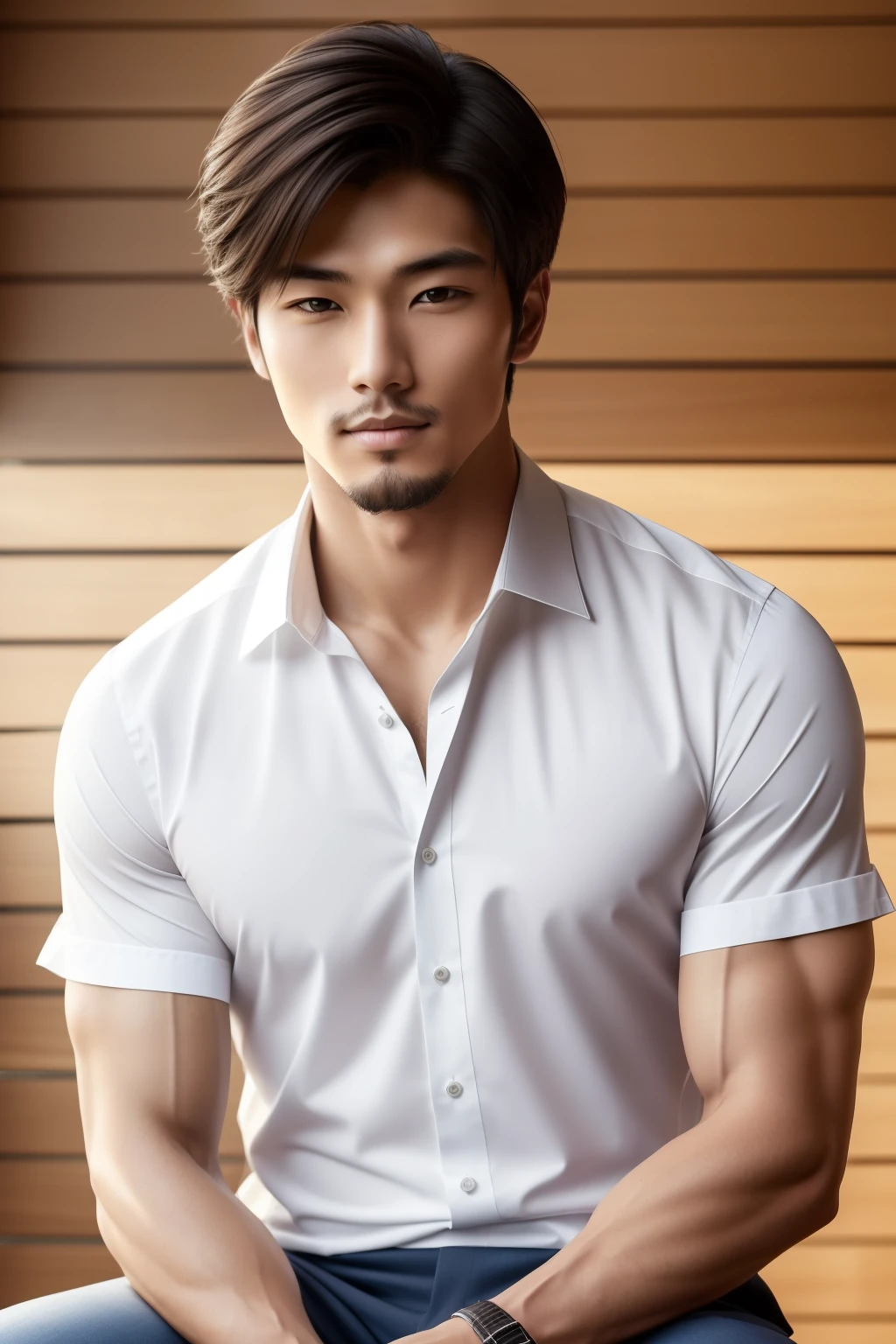A 20-year-old Japanese man with a well-groomed beard and long, flowing hair gazes at the viewer with kind, gentle eyes. He wears a refreshing cotton white shirt that fits perfectly on his slim yet muscular frame. The intricate details of his facial features are highly defined, with pores and fine lines visible on his smooth skin. His texture shows the natural grain of the fabric, and the shirt clings to his defined muscles, highlighting his toned physique. The natural light illuminates his face, casting a gentle glow on his refreshed complexion. The man's kind demeanor and striking appearance make for a lovely portrait.